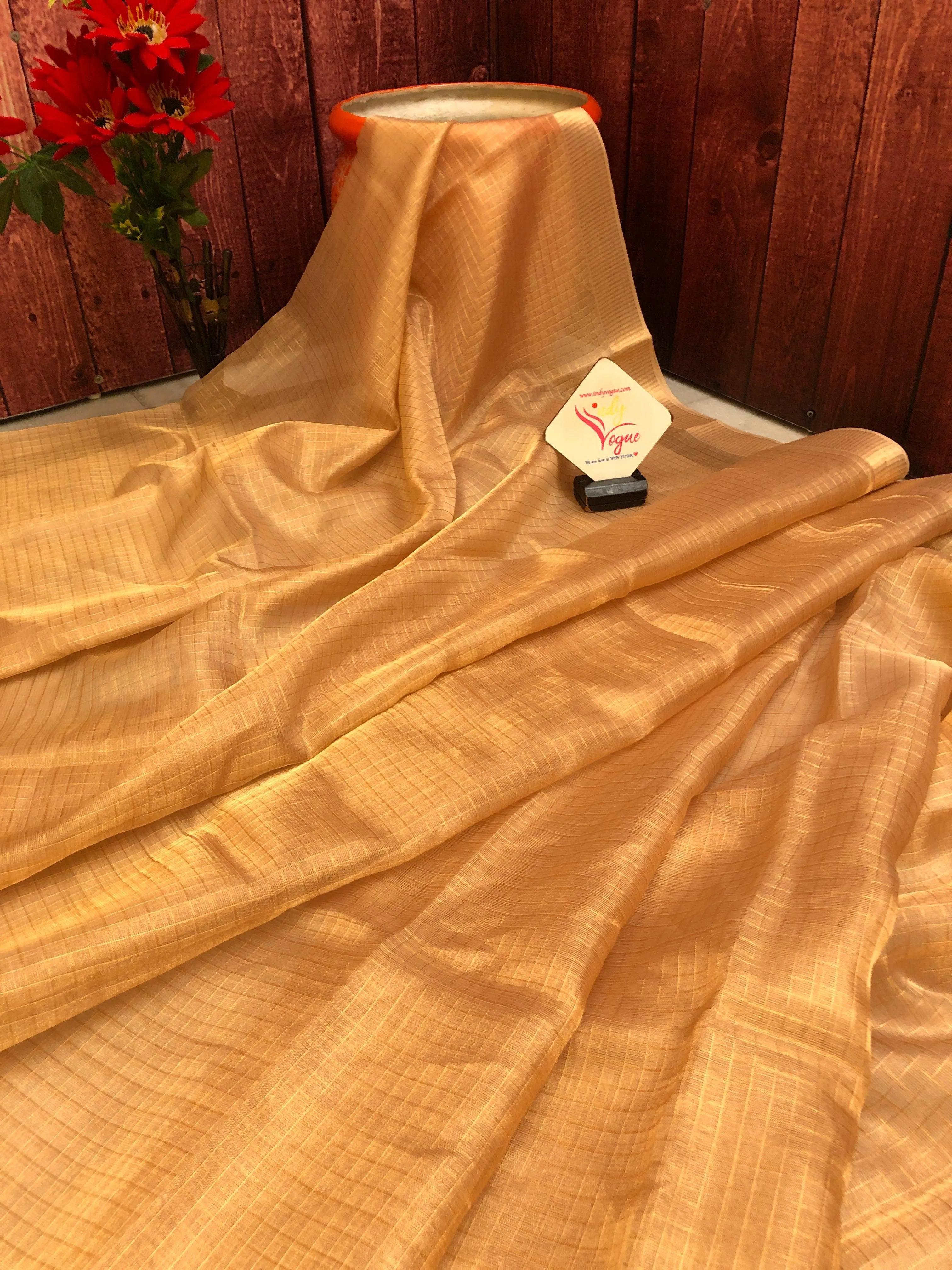 Light Golden Color Designer Tissue Silk Saree with Zari Checks