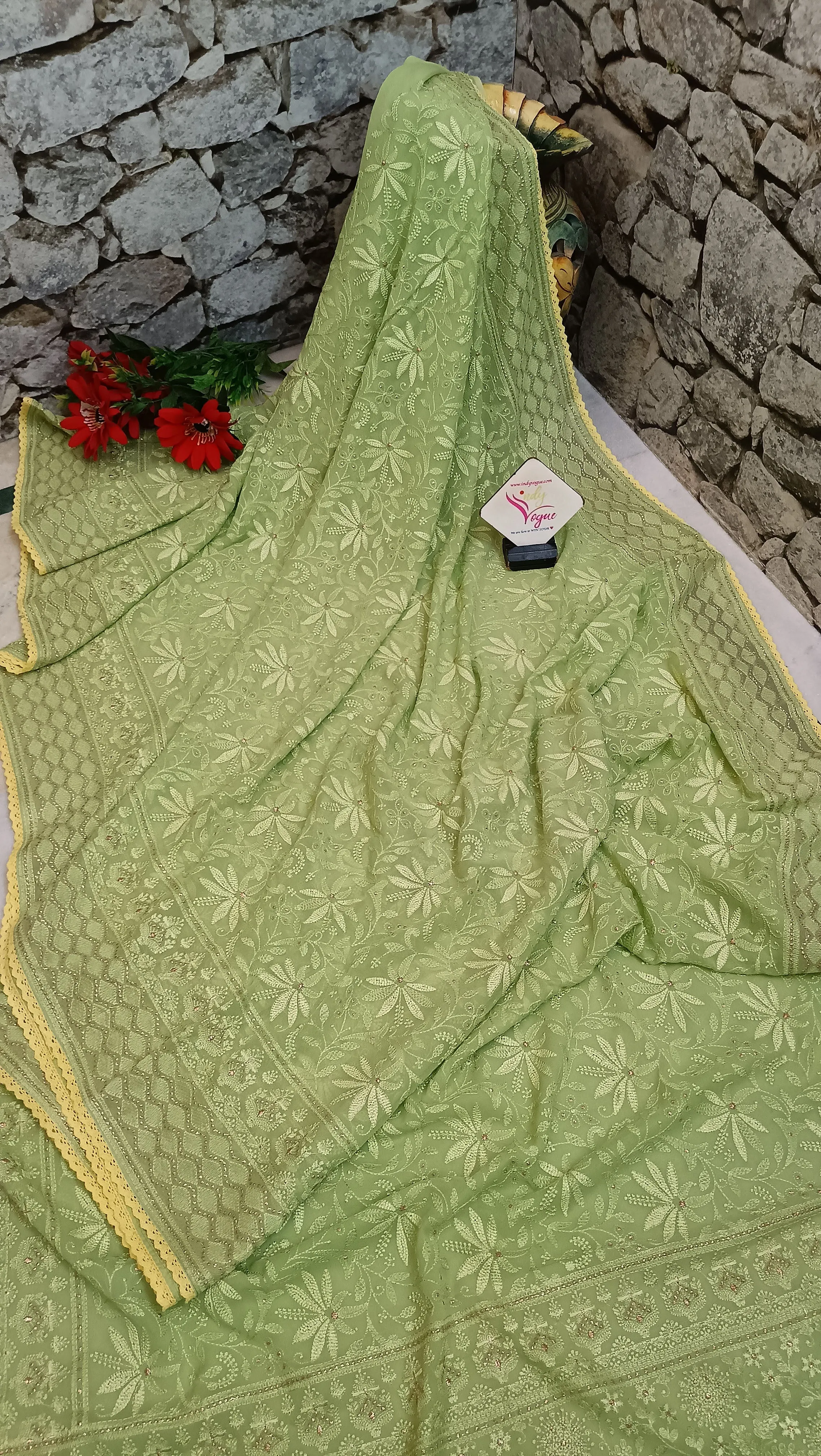 Light Green Color Georgette Saree with Chikankari Work