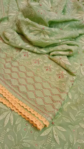 Light Green Color Georgette Saree with Chikankari Work