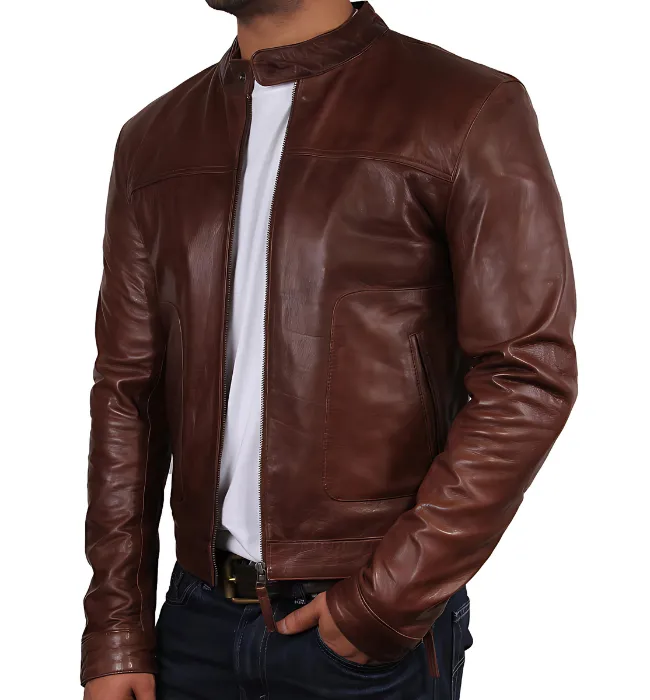 Mens brown slim fit biker vintage cafe racer leather jacket