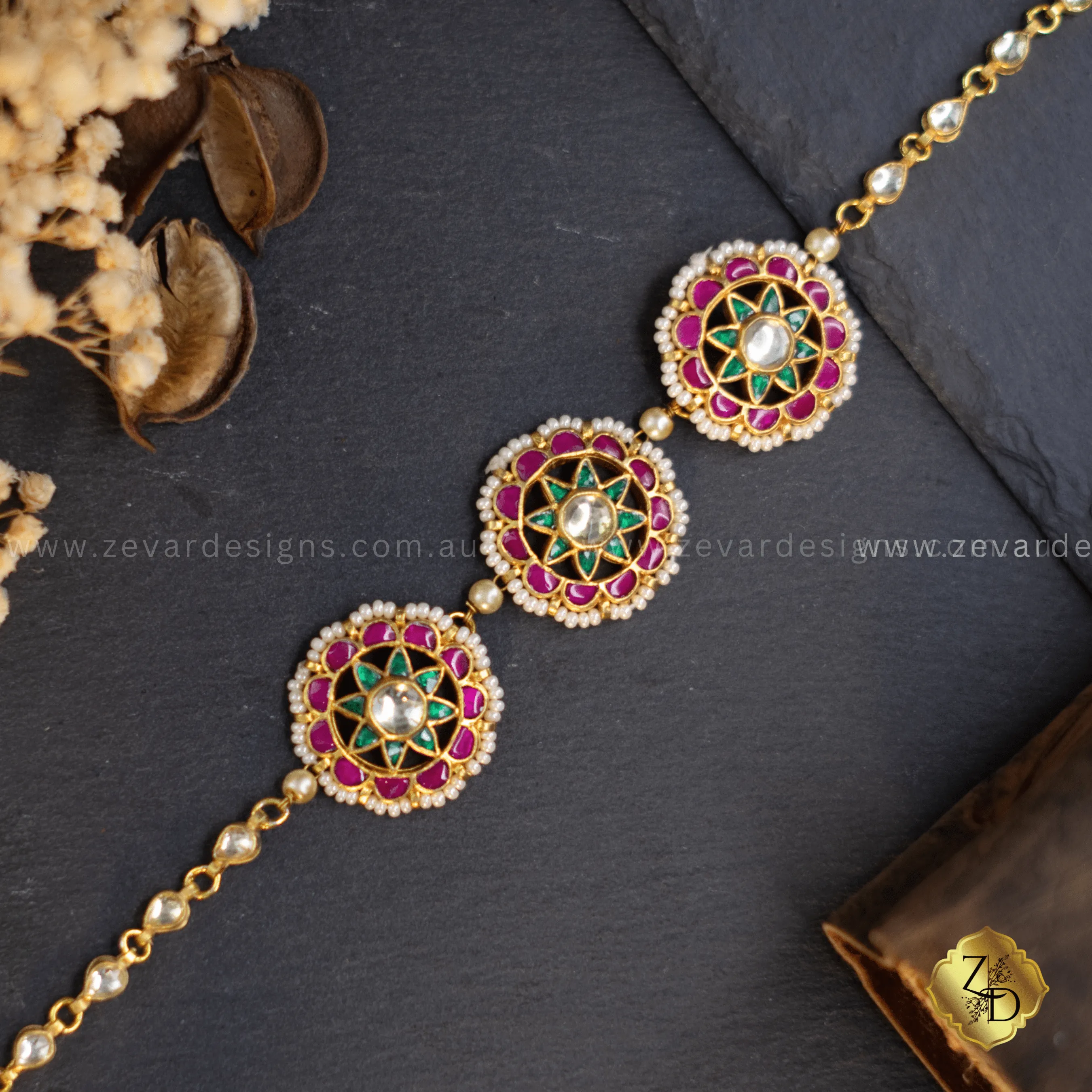 Multicolor Pachi Kundan Sheesh Phool - Headband