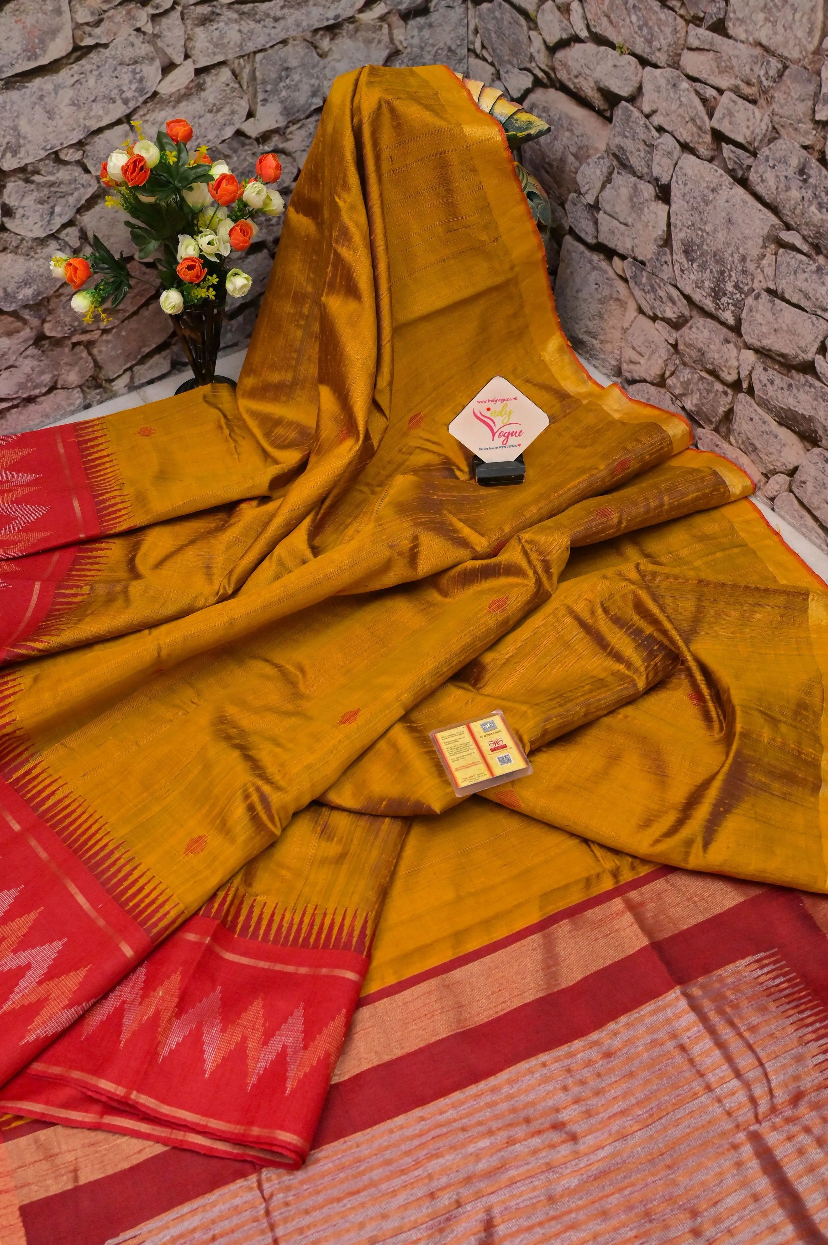 Mustard Golden and Red Color Pure Raw Silk Saree with Butta Work