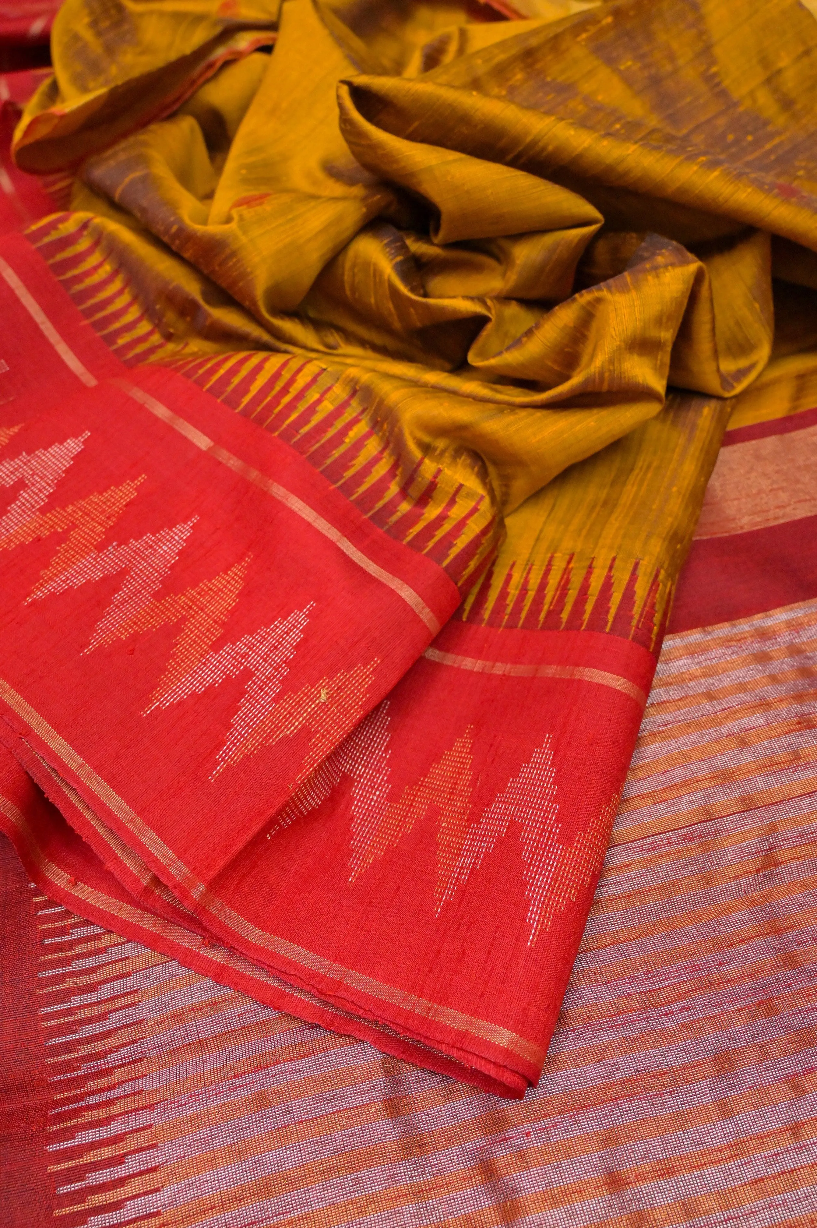 Mustard Golden and Red Color Pure Raw Silk Saree with Butta Work