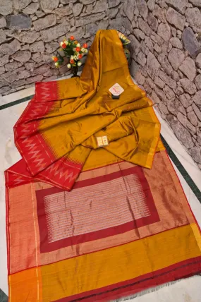 Mustard Golden and Red Color Pure Raw Silk Saree with Butta Work