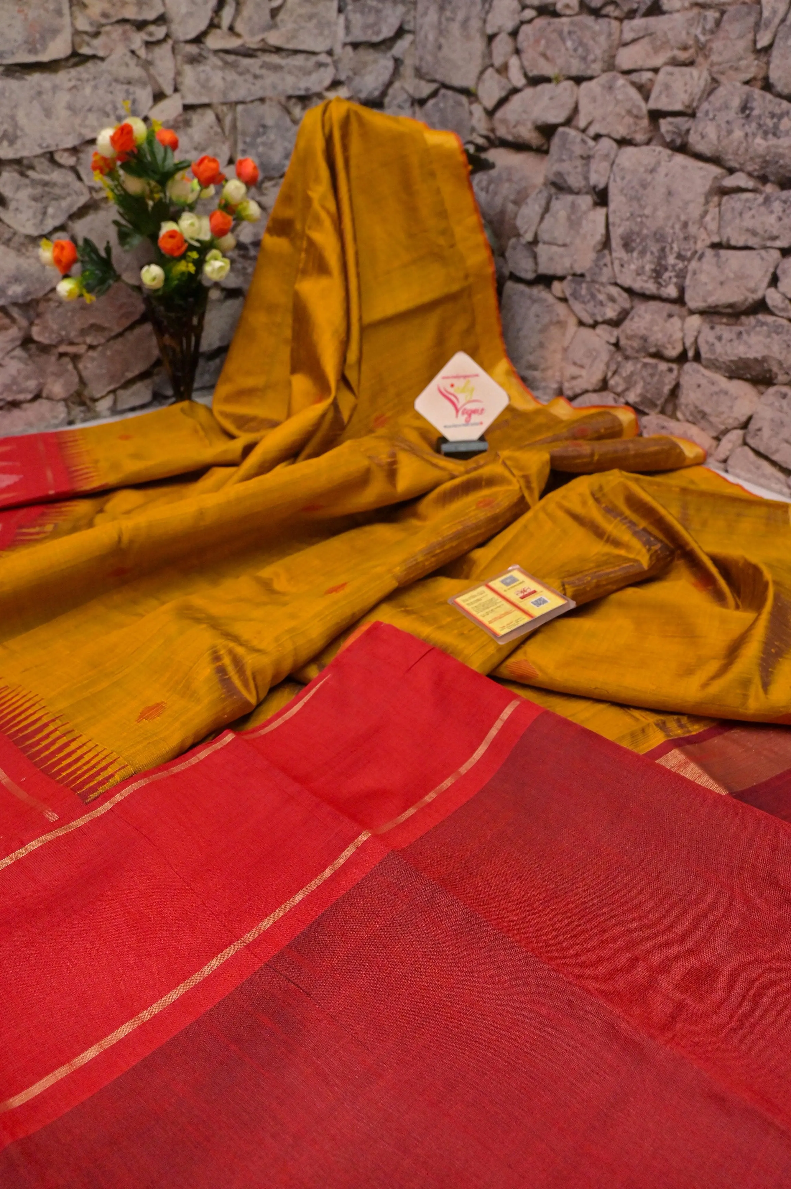 Mustard Golden and Red Color Pure Raw Silk Saree with Butta Work