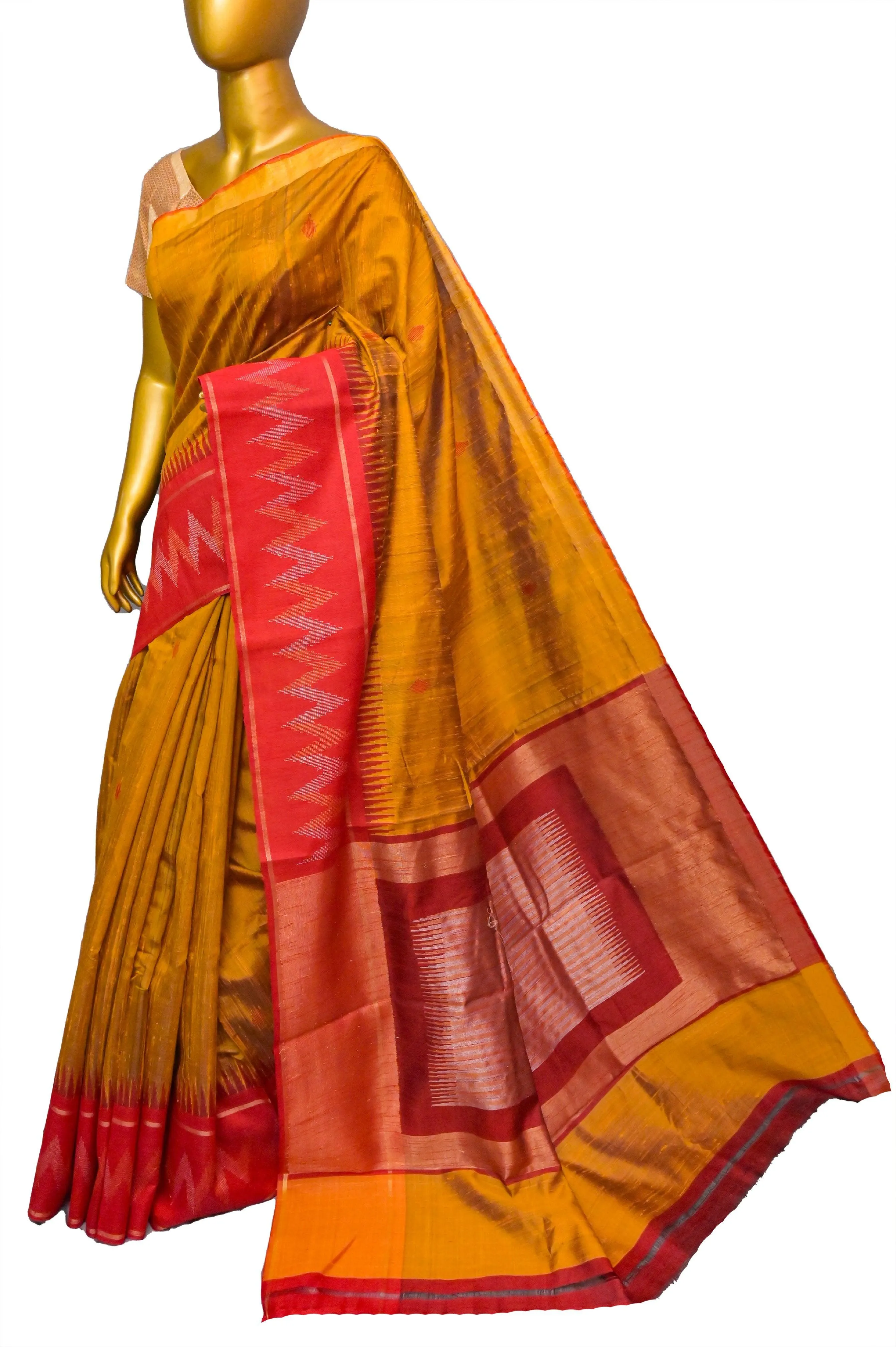 Mustard Golden and Red Color Pure Raw Silk Saree with Butta Work