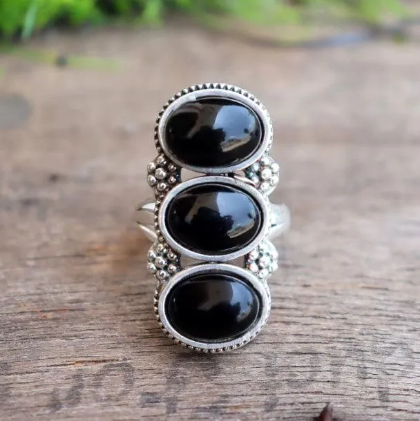 Natural Black Onyx 925 Sterling Silver Three Gemstone Handmade Ring