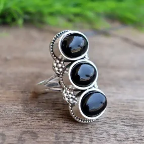 Natural Black Onyx 925 Sterling Silver Three Gemstone Handmade Ring