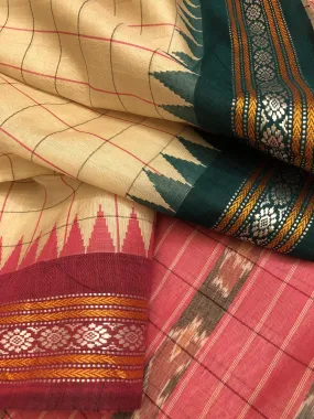 Natural Cream Color Pure Tussar Silk Saree with Check Vidarbha Ganga Jamuna Border