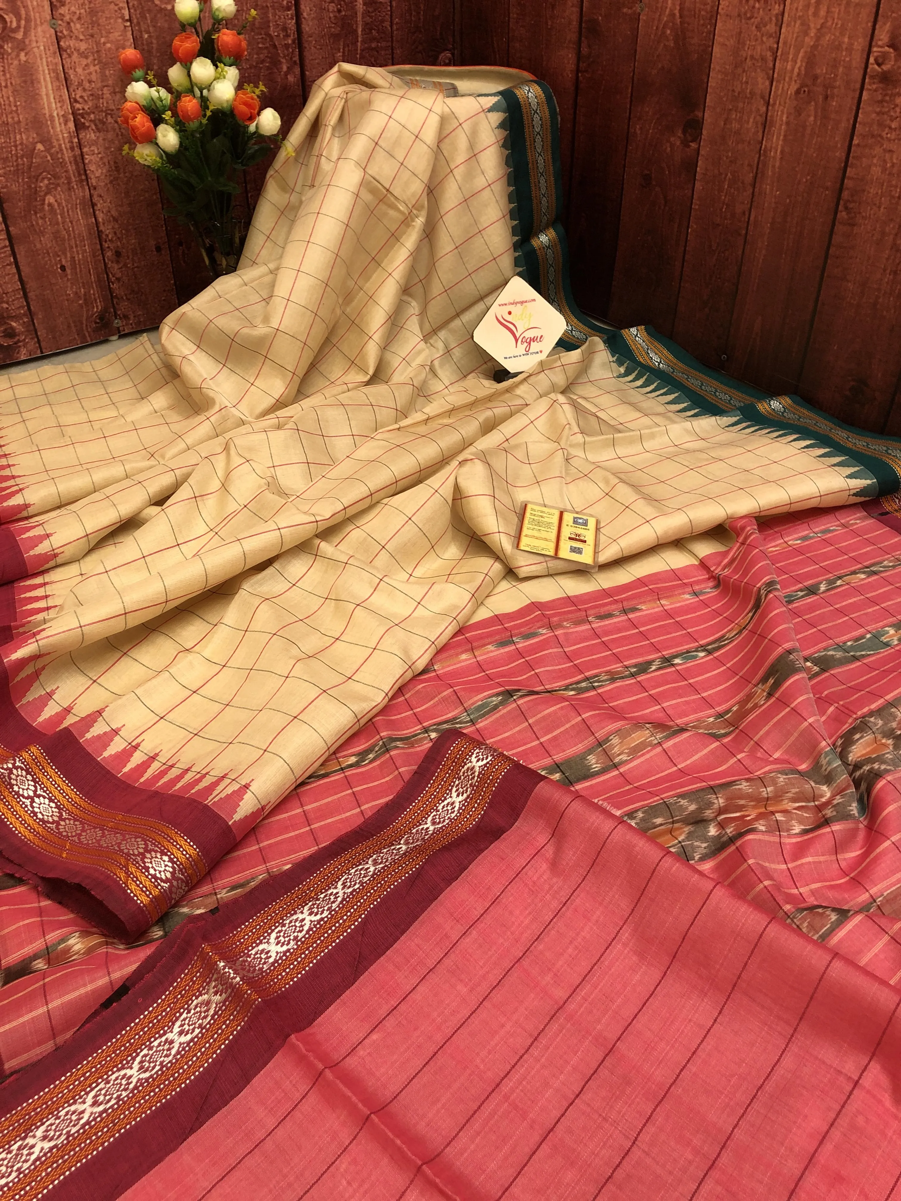 Natural Cream Color Pure Tussar Silk Saree with Check Vidarbha Ganga Jamuna Border