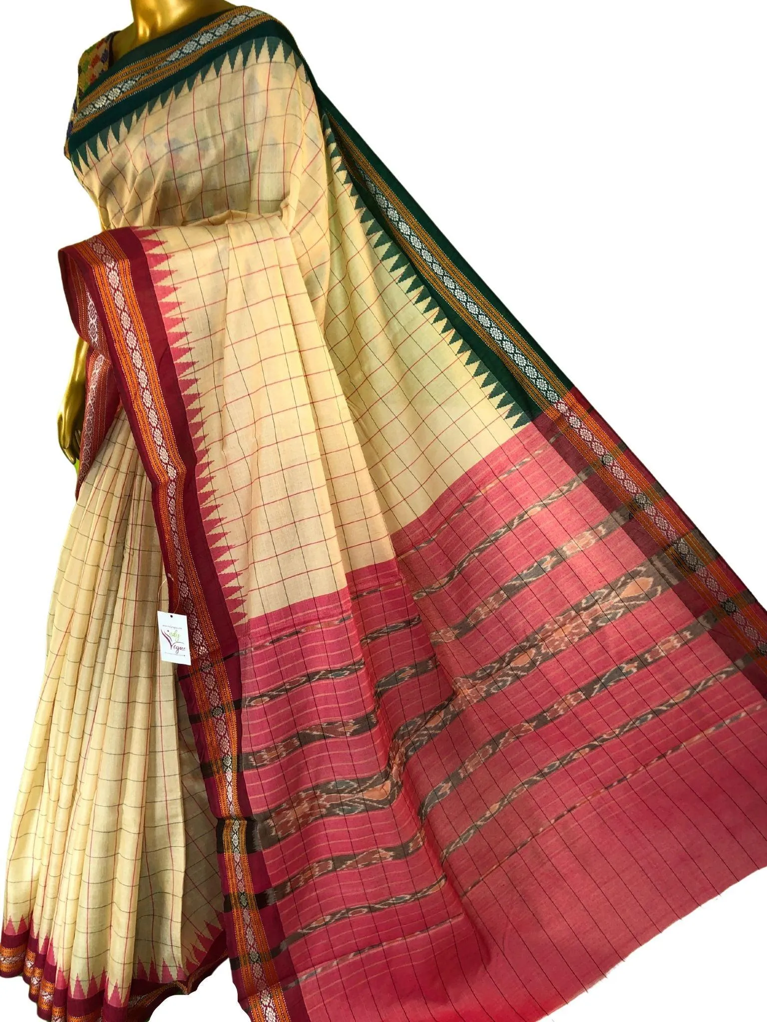 Natural Cream Color Pure Tussar Silk Saree with Check Vidarbha Ganga Jamuna Border