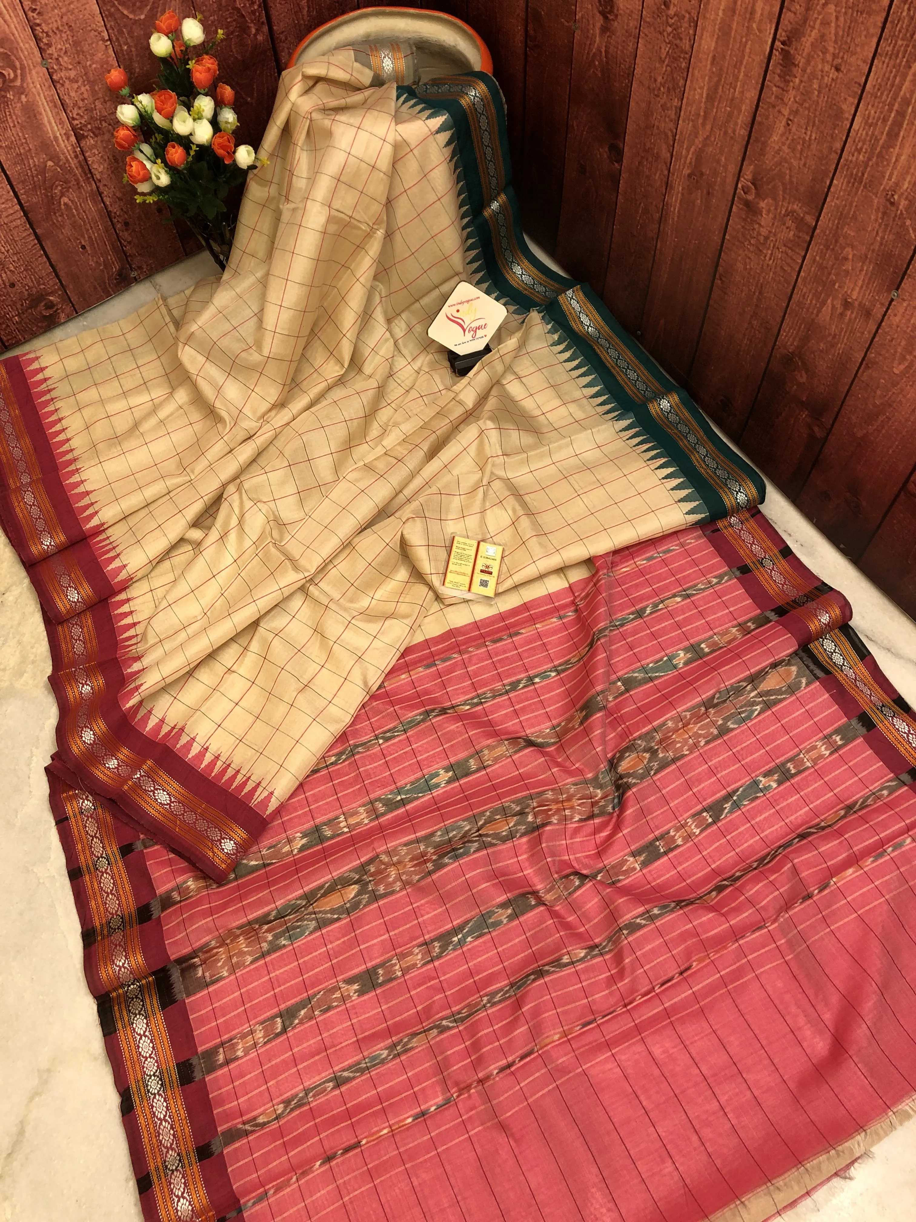 Natural Cream Color Pure Tussar Silk Saree with Check Vidarbha Ganga Jamuna Border