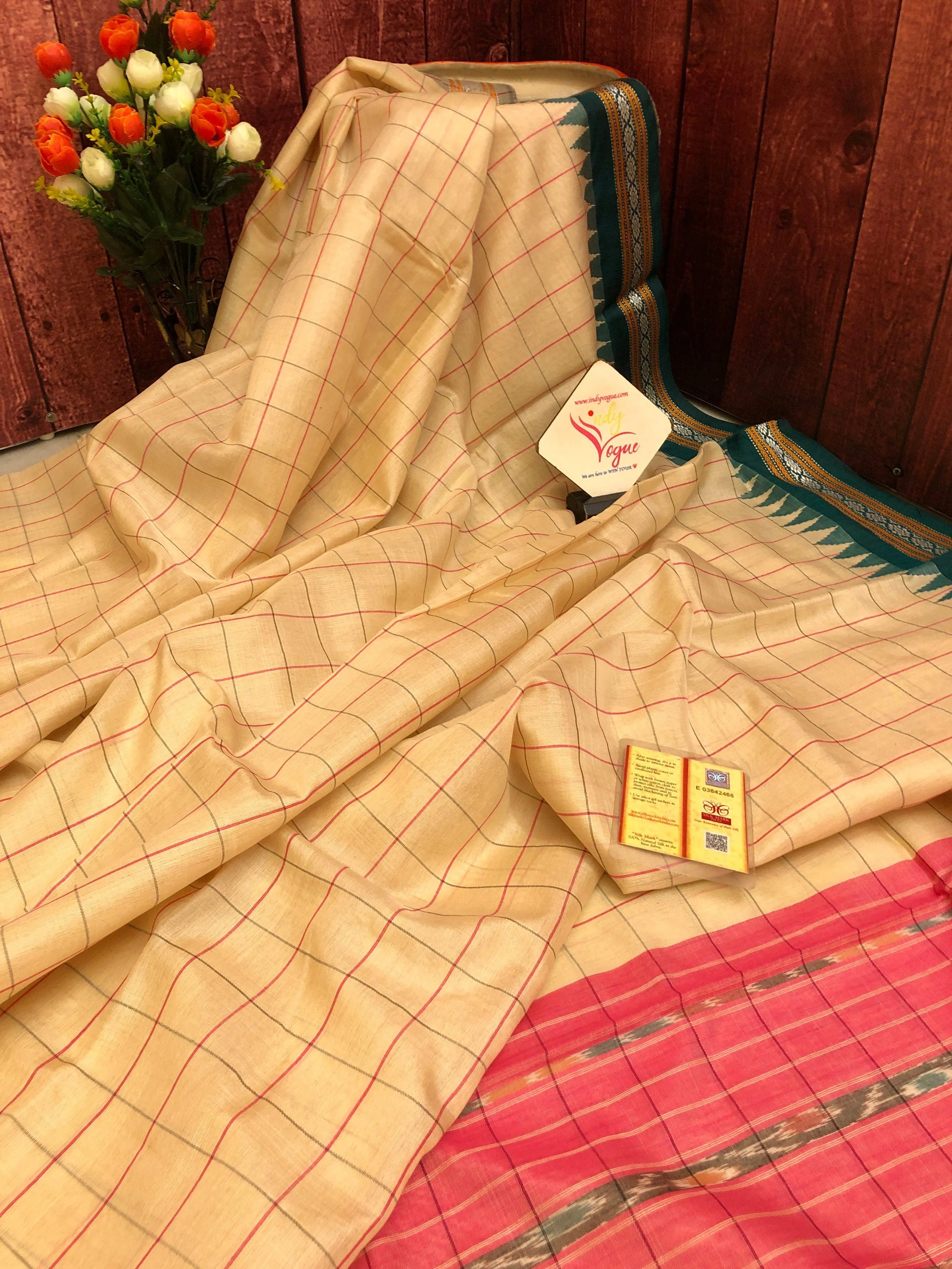 Natural Cream Color Pure Tussar Silk Saree with Check Vidarbha Ganga Jamuna Border