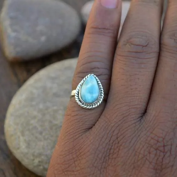 Natural Dominican Larimar Gemstone Ring - 925 Sterling Silver and Larimar Ring -Genuine Larimar -Dominican Larimar Ring -Designer Larimar Jewelry