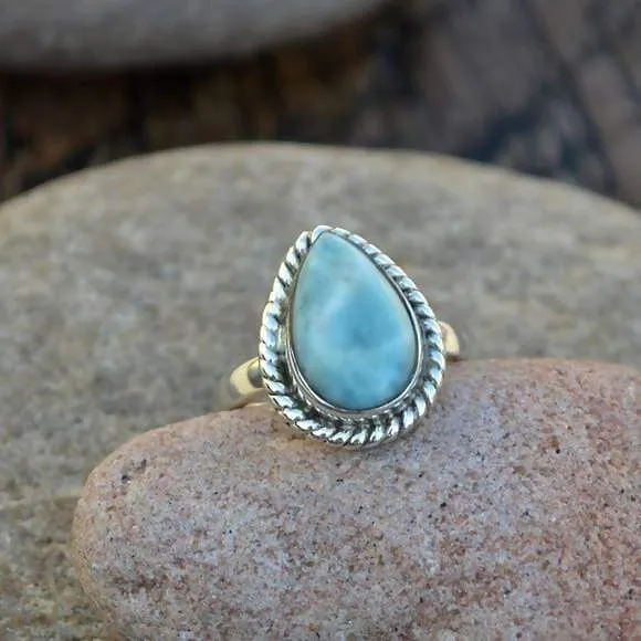 Natural Dominican Larimar Gemstone Ring - 925 Sterling Silver and Larimar Ring -Genuine Larimar -Dominican Larimar Ring -Designer Larimar Jewelry