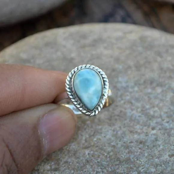 Natural Dominican Larimar Gemstone Ring - 925 Sterling Silver and Larimar Ring -Genuine Larimar -Dominican Larimar Ring -Designer Larimar Jewelry