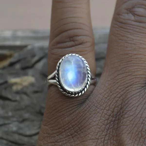 Natural Rainbow Moonstone Gemstone 925 Sterling Silver Ring, Blue Fire Moonstone Ring, Moonstone Jewelry, Nickel Free