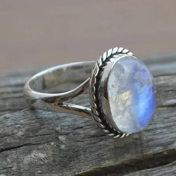 Natural Rainbow Moonstone Gemstone 925 Sterling Silver Ring, Blue Fire Moonstone Ring, Moonstone Jewelry, Nickel Free