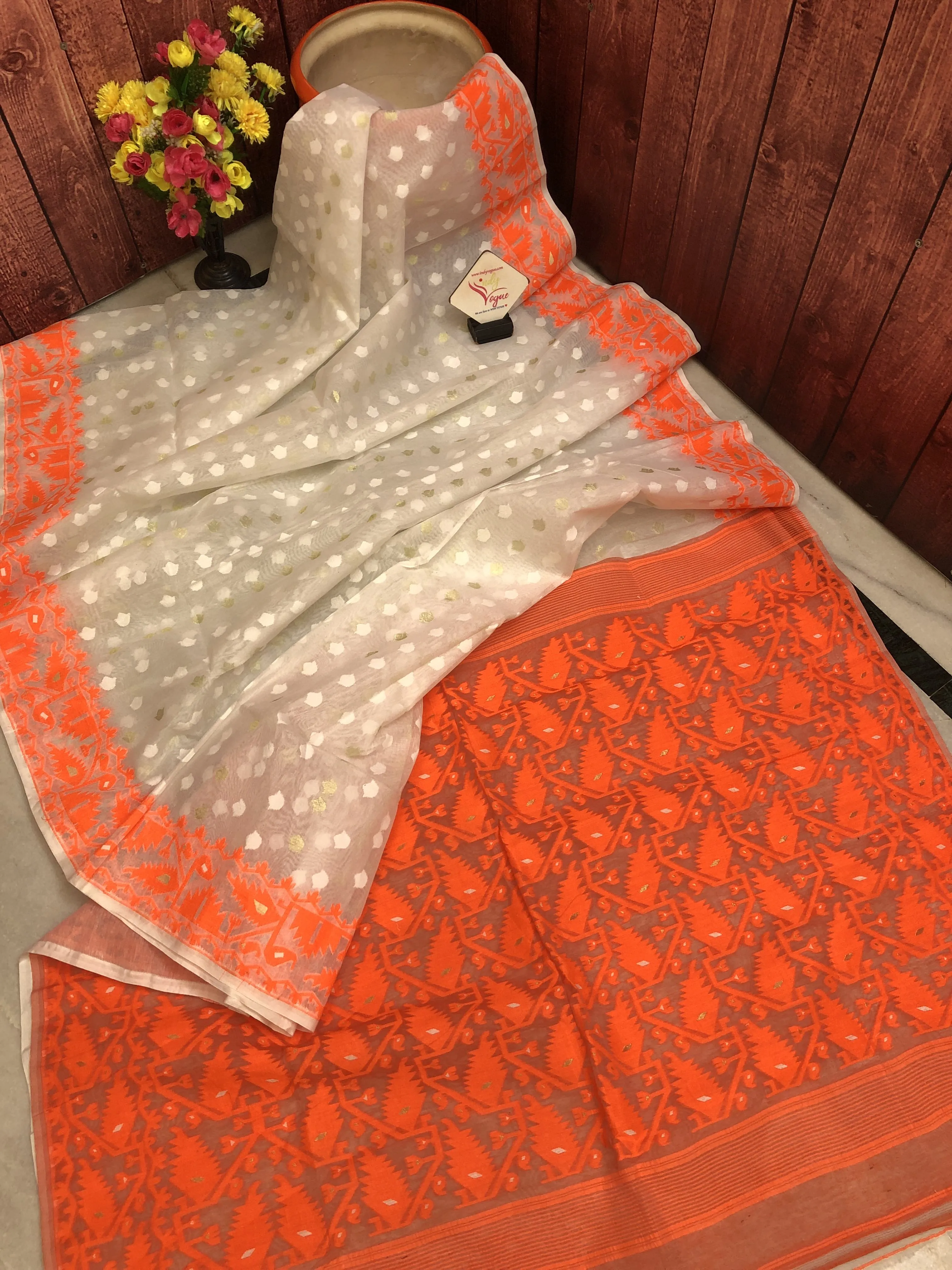 Offwhite and Tiger Orange Color Jamdani Saree