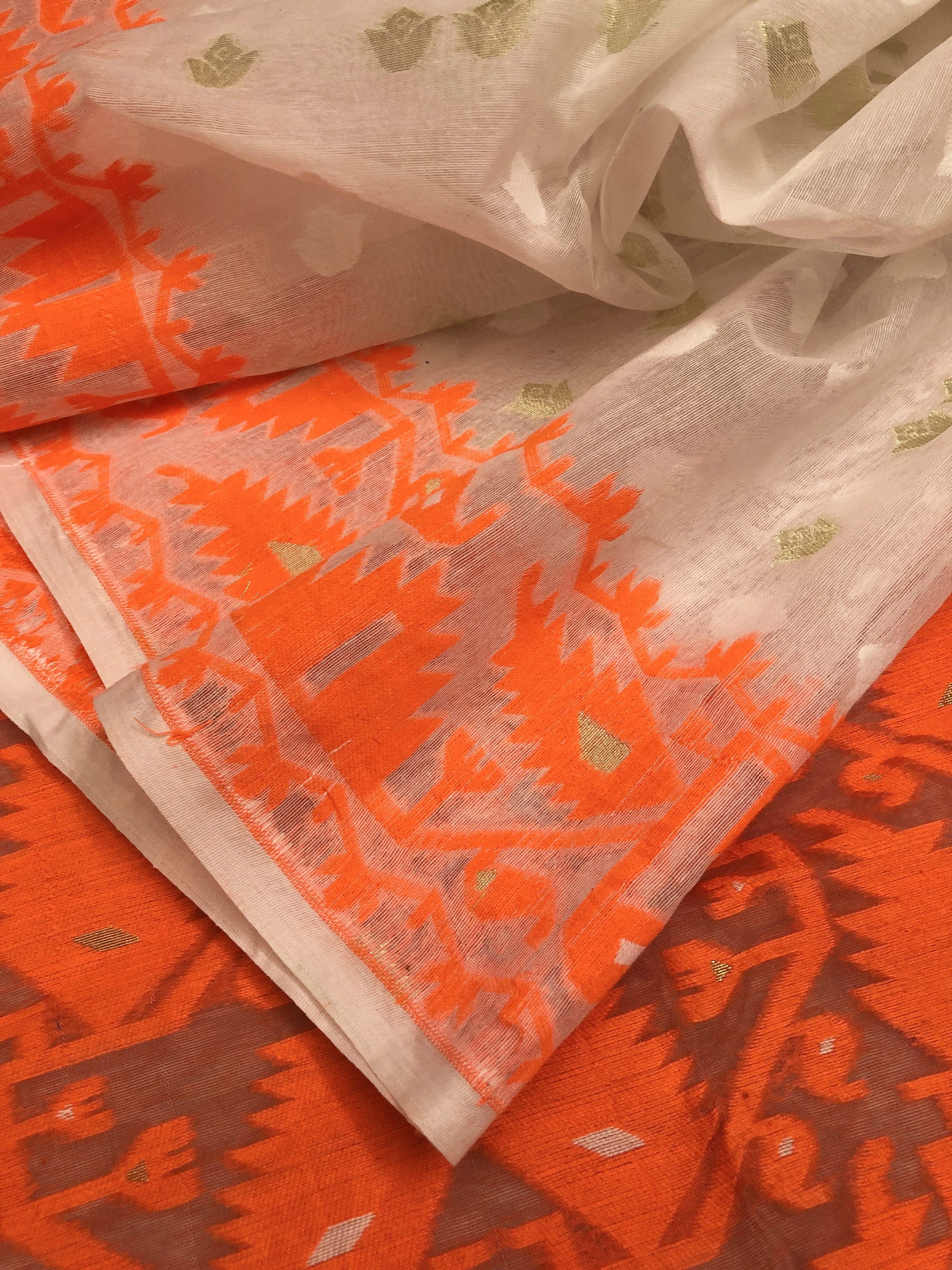 Offwhite and Tiger Orange Color Jamdani Saree