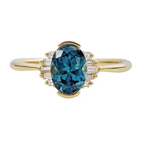 OOAK Oval Cut Teal Sapphire Engagement Ring with White Diamond Wings