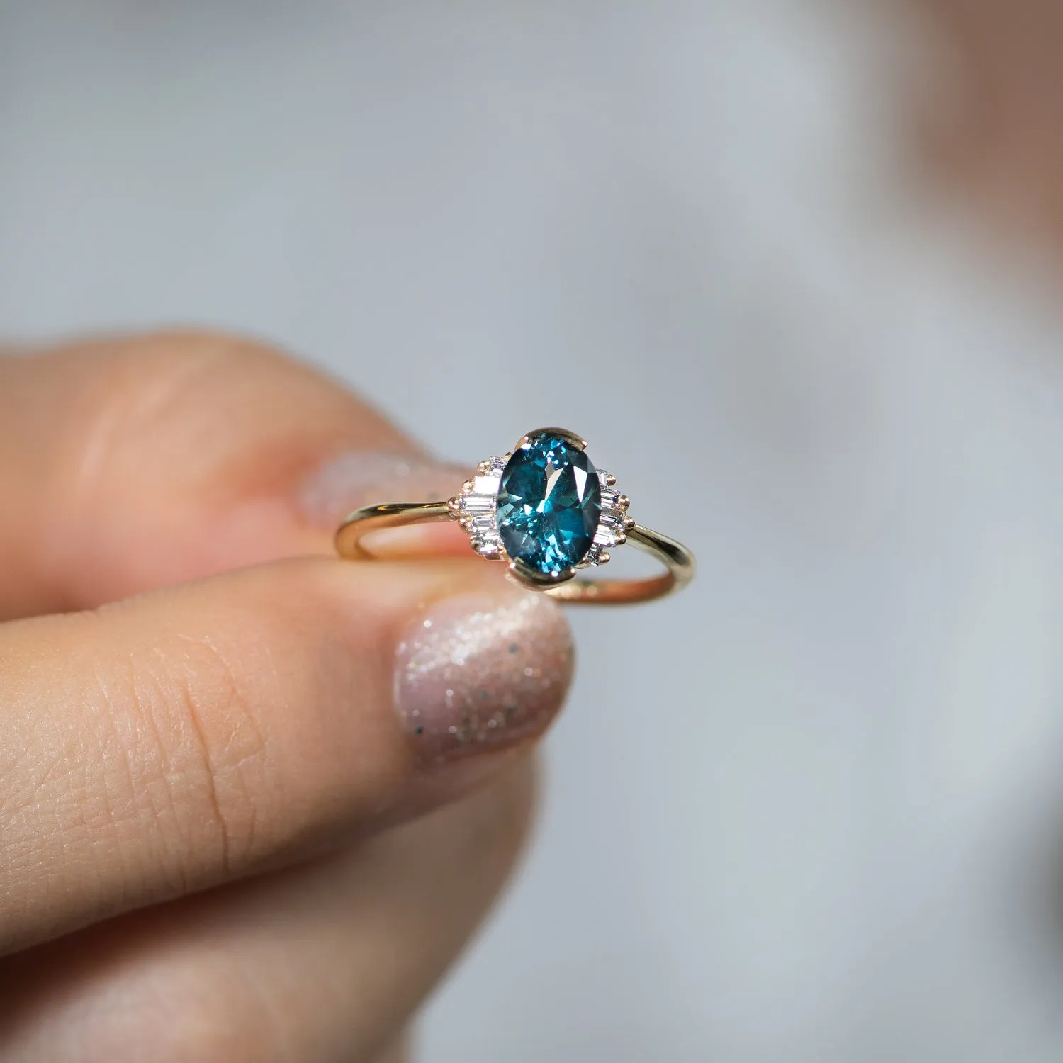 OOAK Oval Cut Teal Sapphire Engagement Ring with White Diamond Wings