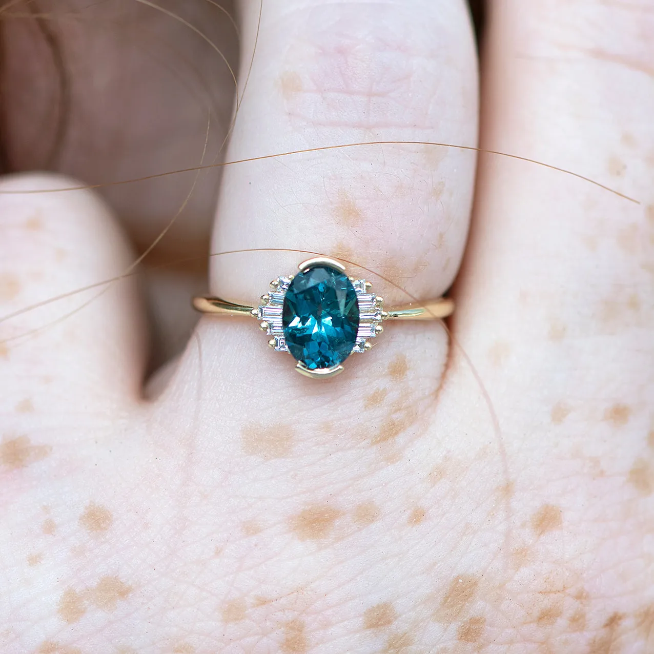 OOAK Oval Cut Teal Sapphire Engagement Ring with White Diamond Wings