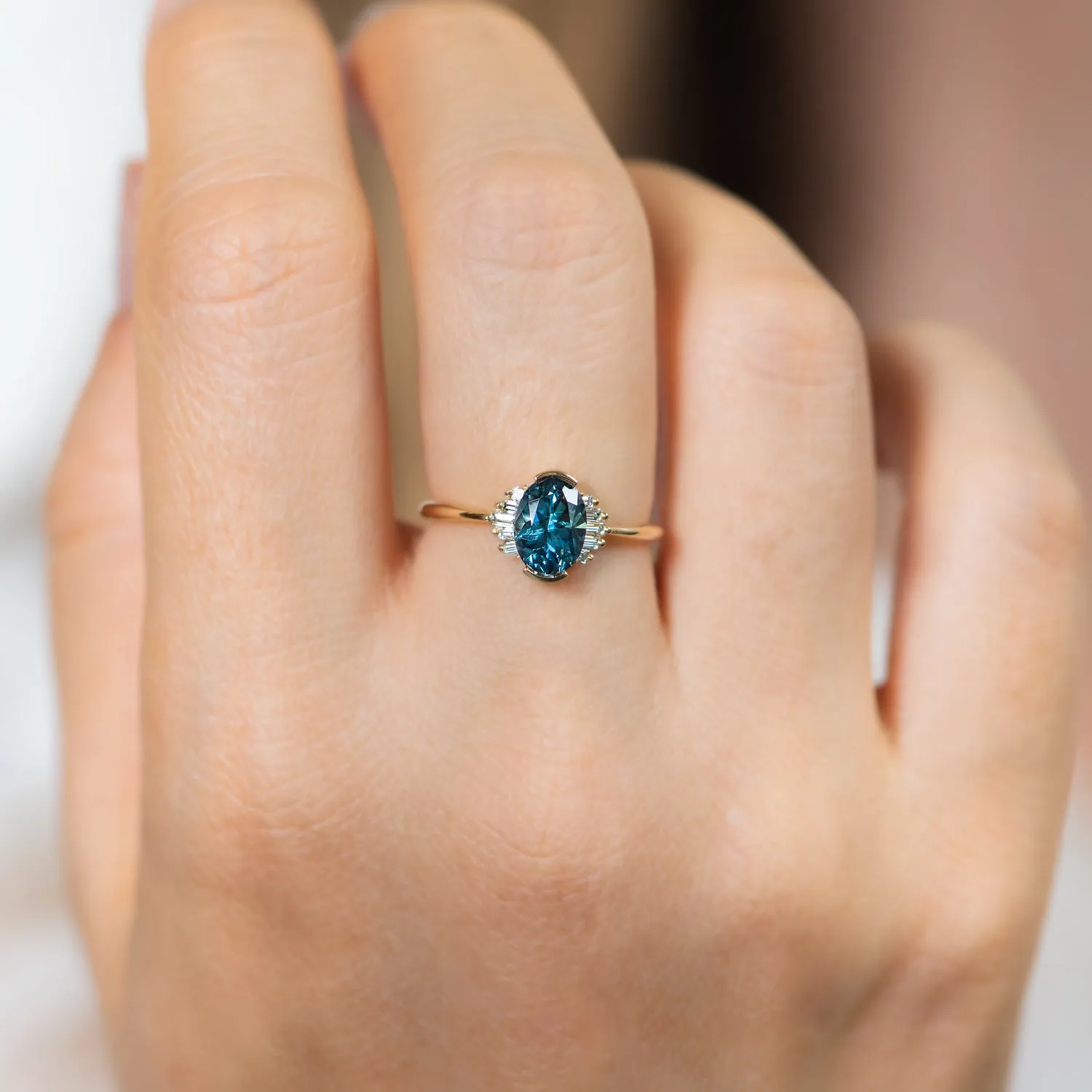 OOAK Oval Cut Teal Sapphire Engagement Ring with White Diamond Wings