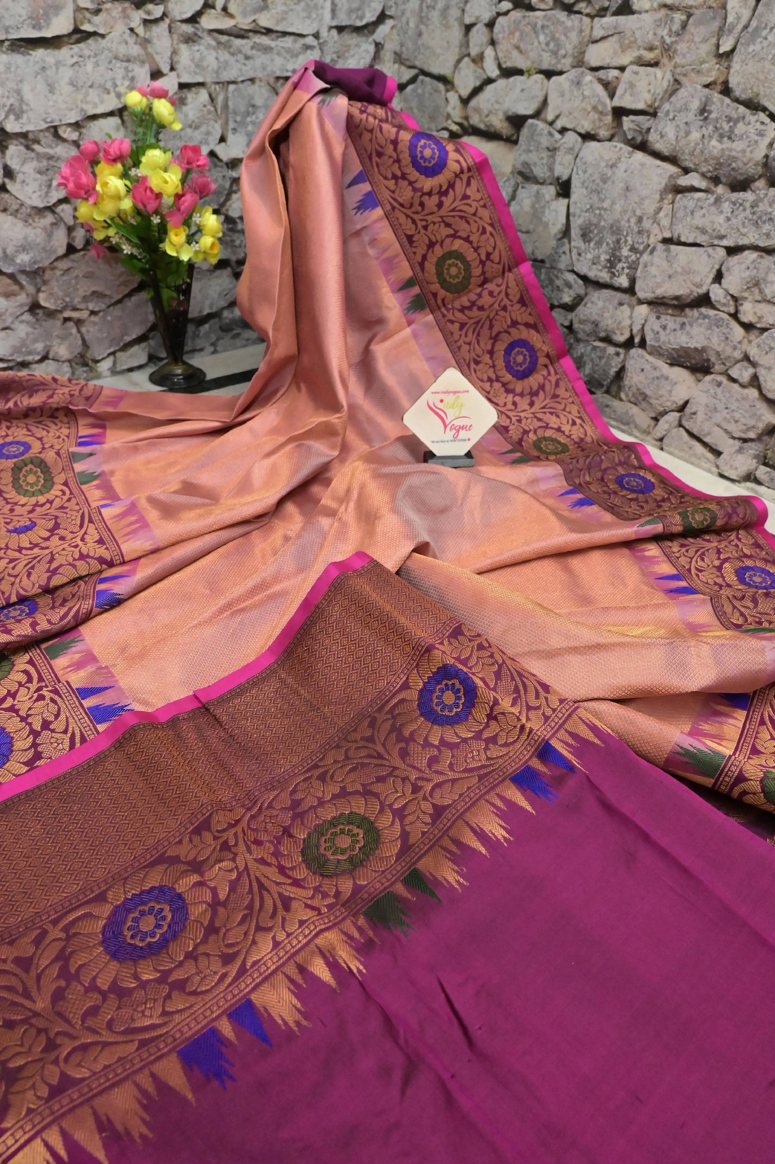 Peach Color Pure Gadwal Silk Saree with Meenakari Kanchi Border