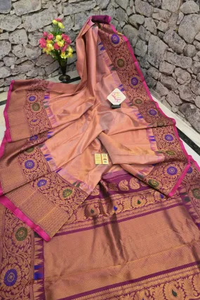 Peach Color Pure Gadwal Silk Saree with Meenakari Kanchi Border