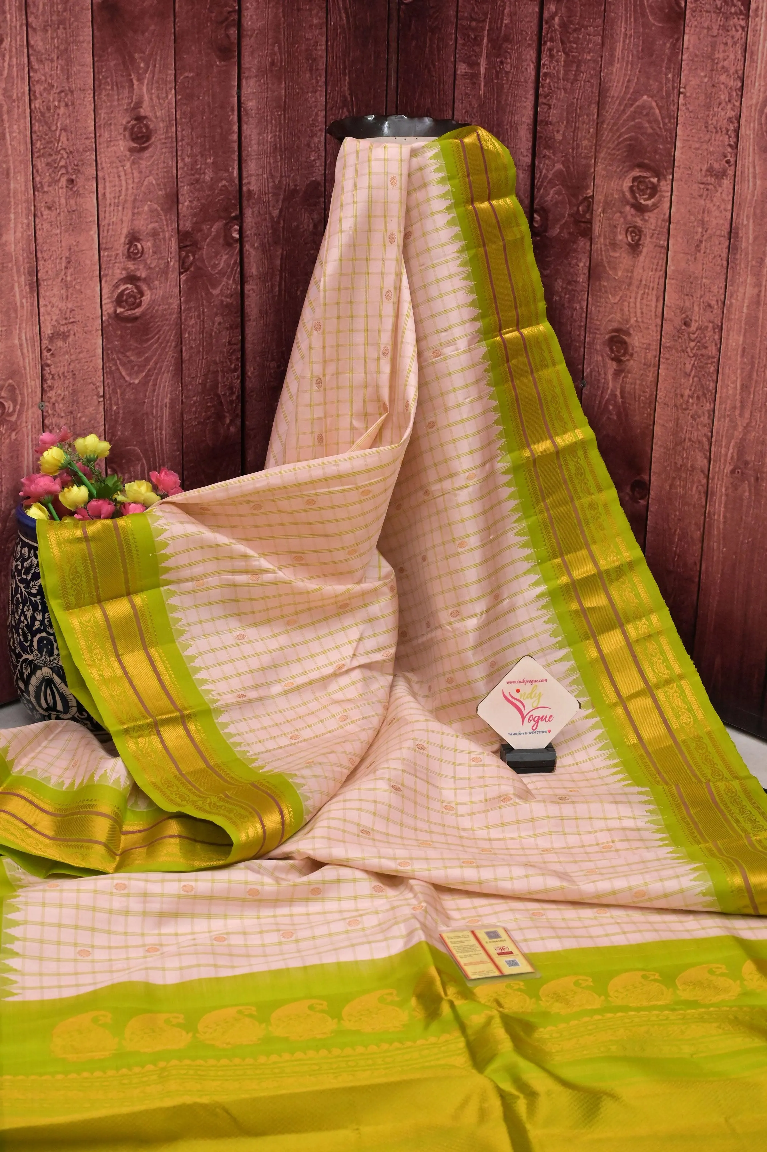 Peach Offwhite Color Pure Gadwal Silk Saree with Checks and Temple Border