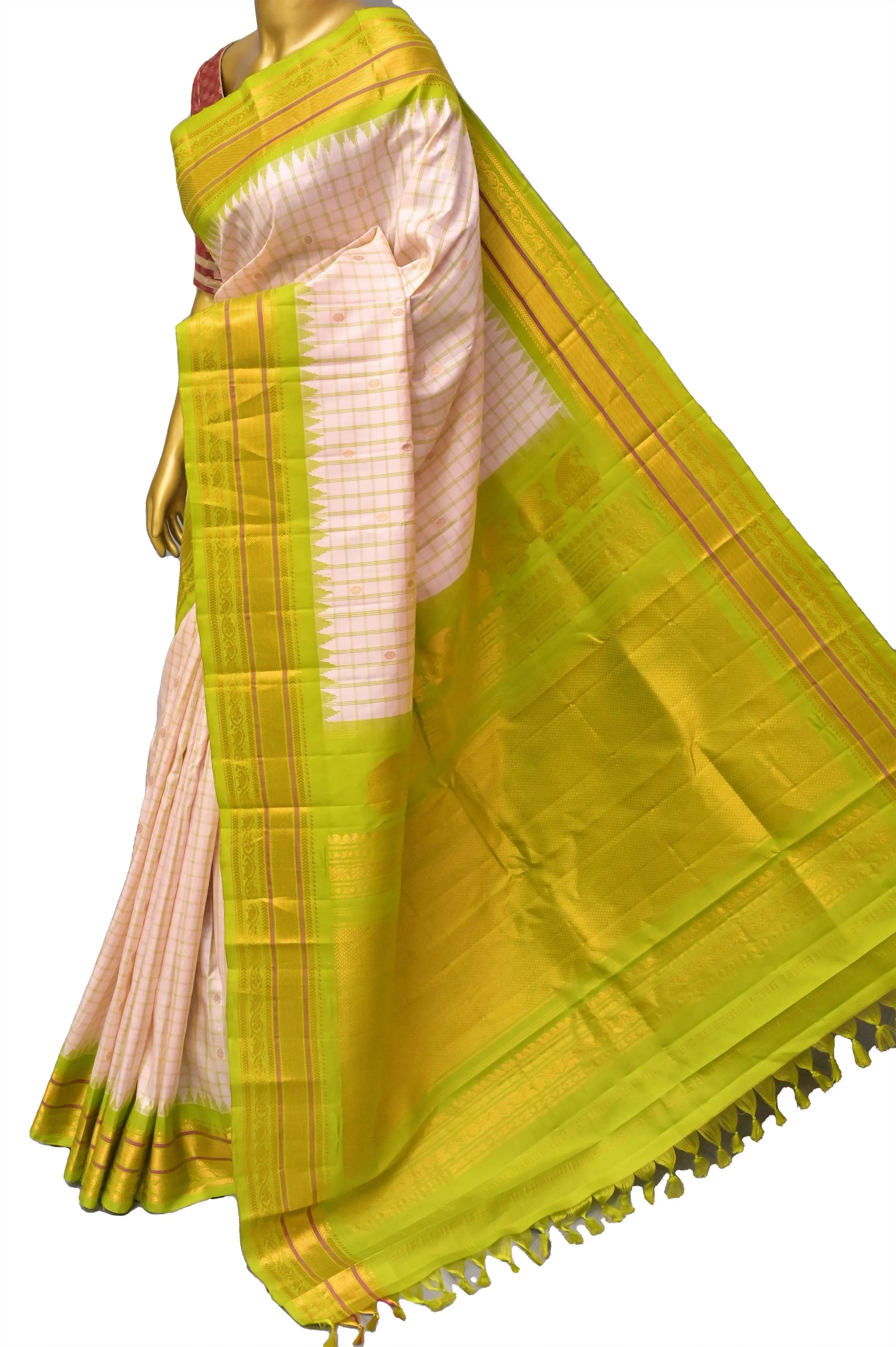 Peach Offwhite Color Pure Gadwal Silk Saree with Checks and Temple Border