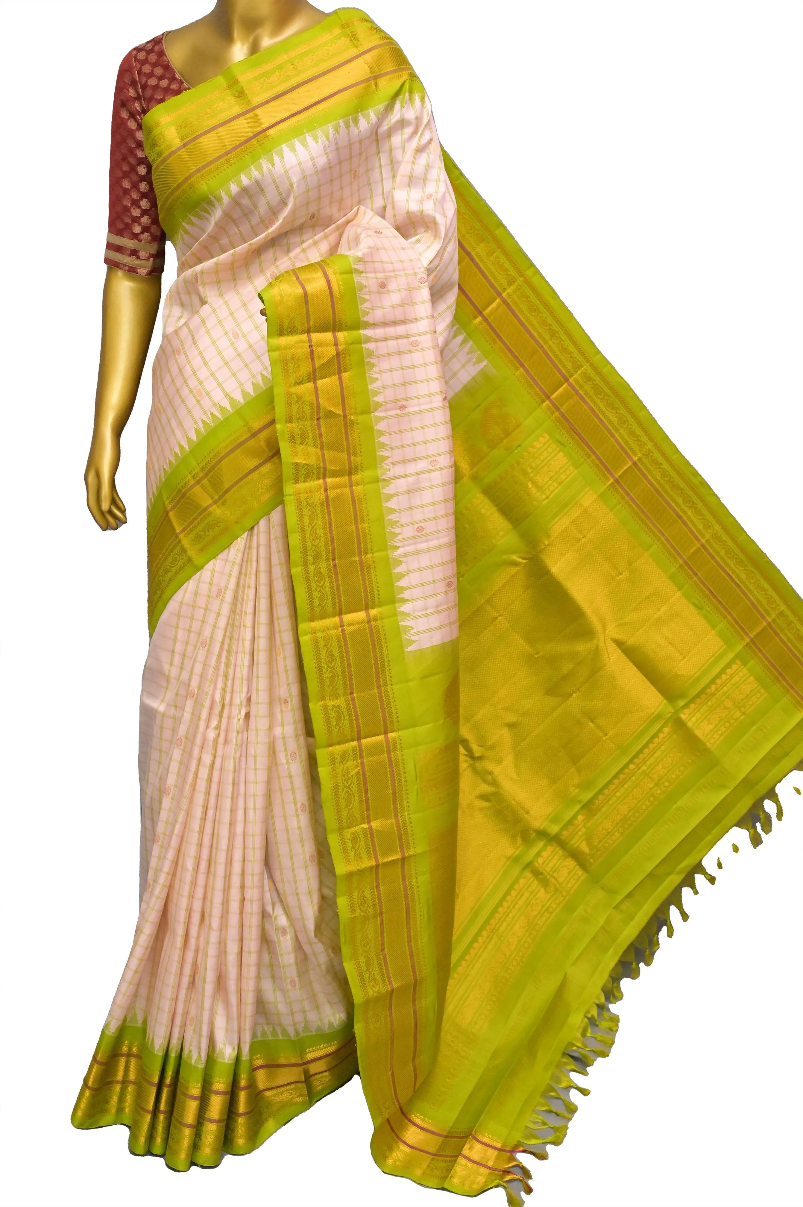 Peach Offwhite Color Pure Gadwal Silk Saree with Checks and Temple Border