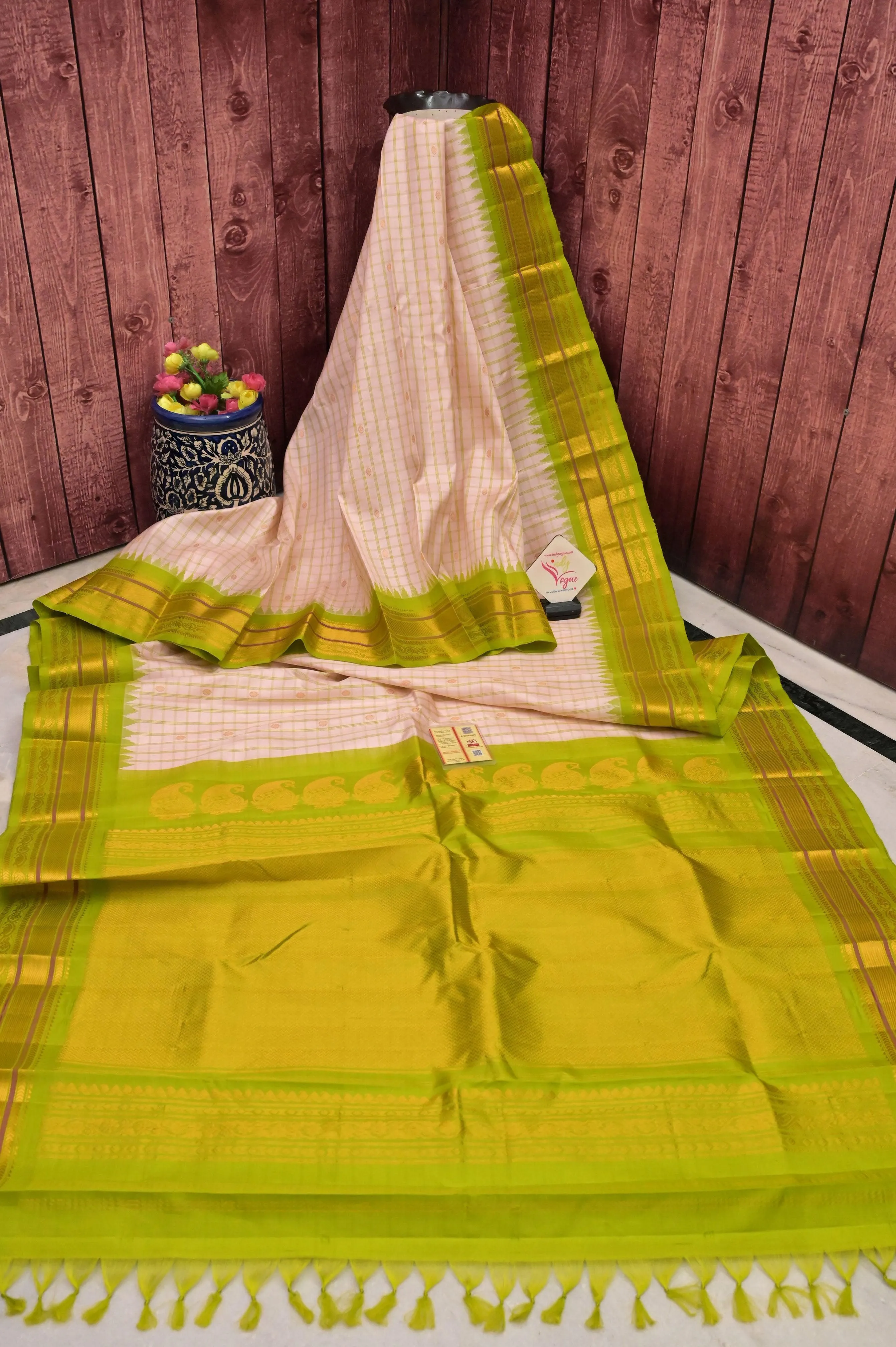 Peach Offwhite Color Pure Gadwal Silk Saree with Checks and Temple Border