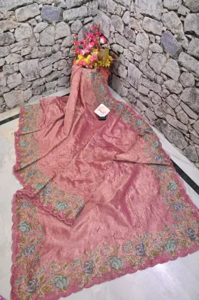 Pink Color Crushed Tissue Silk Saree with Embroidery and Cut Work