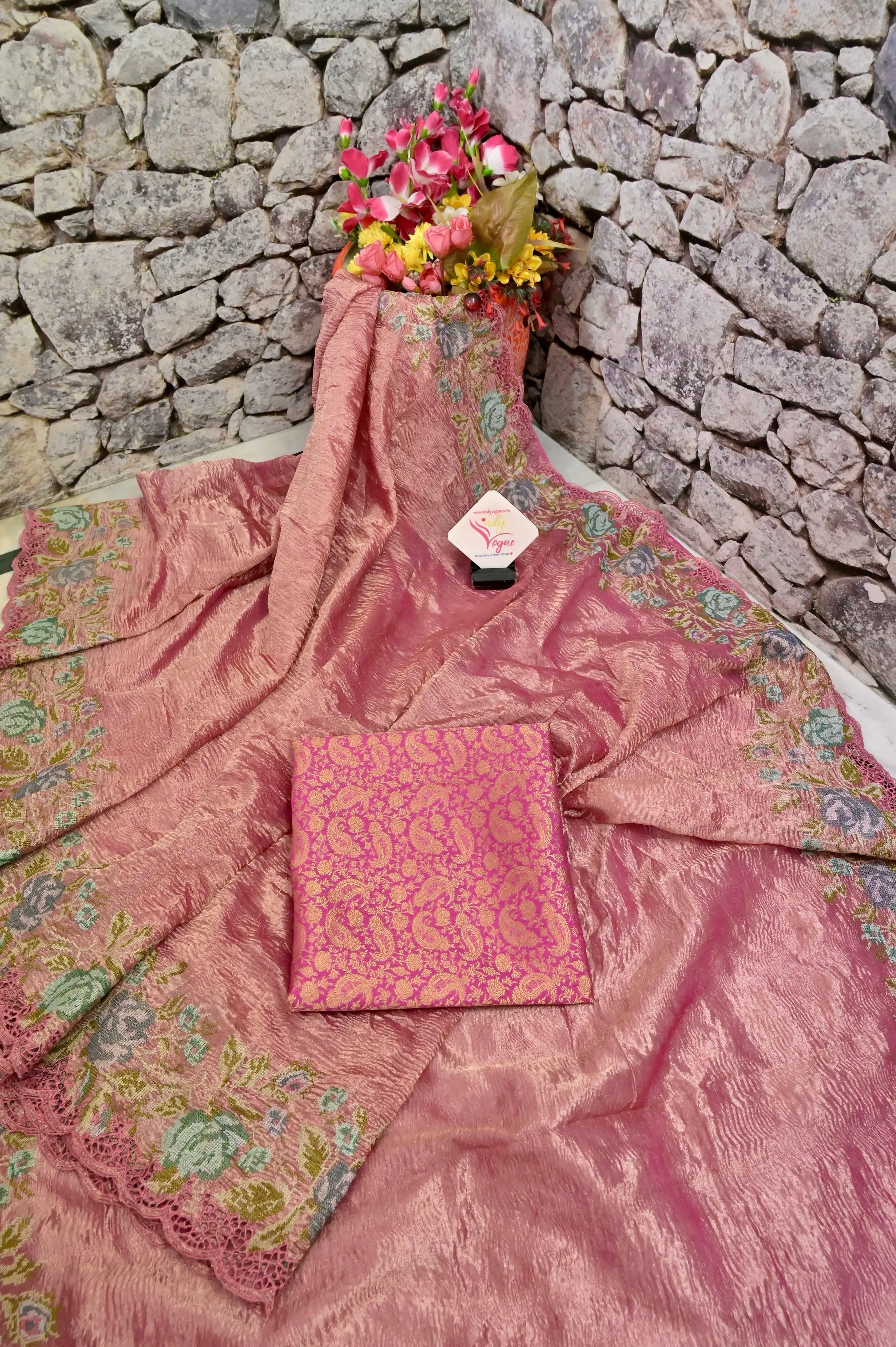 Pink Color Crushed Tissue Silk Saree with Embroidery and Cut Work