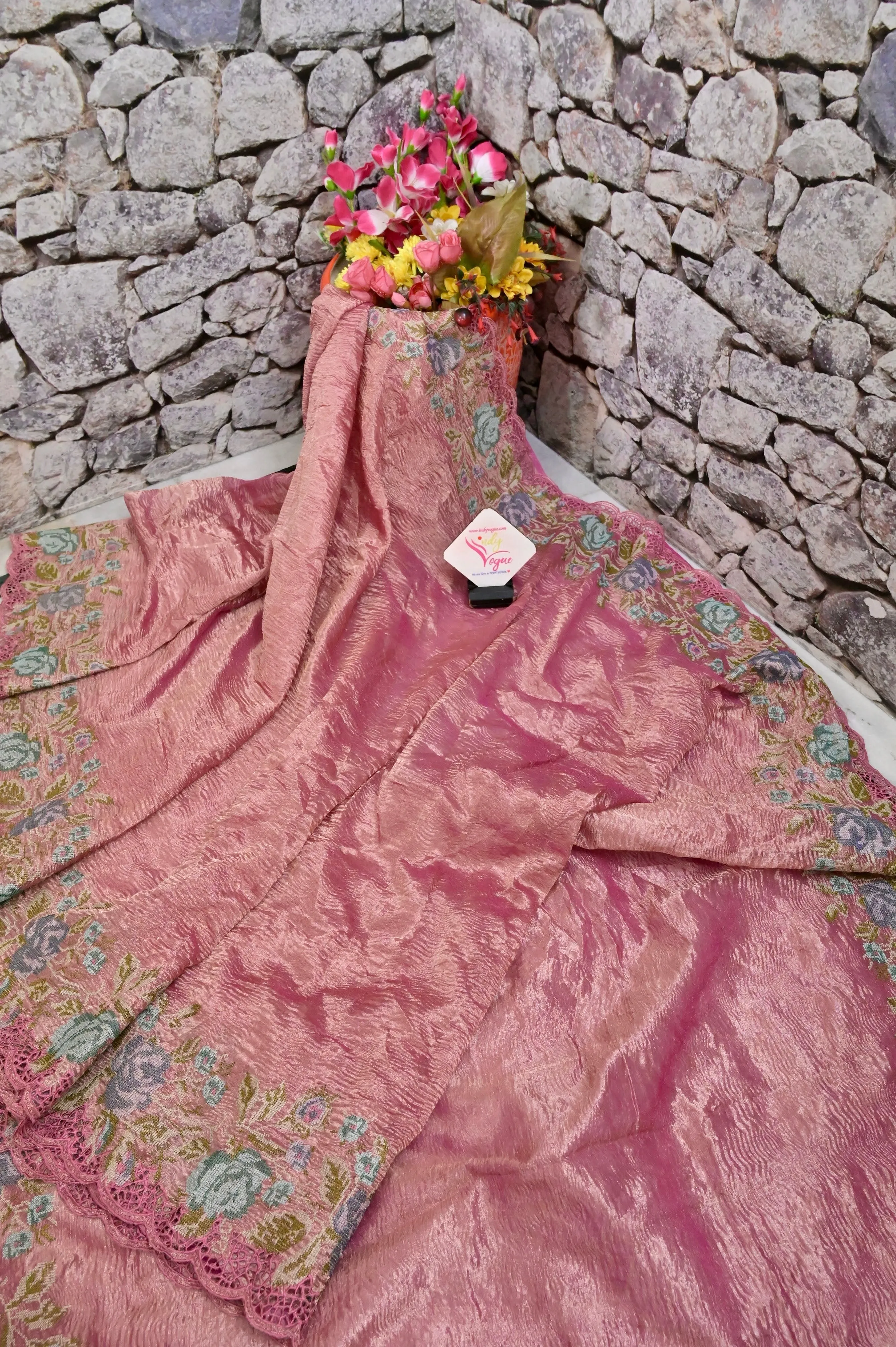 Pink Color Crushed Tissue Silk Saree with Embroidery and Cut Work