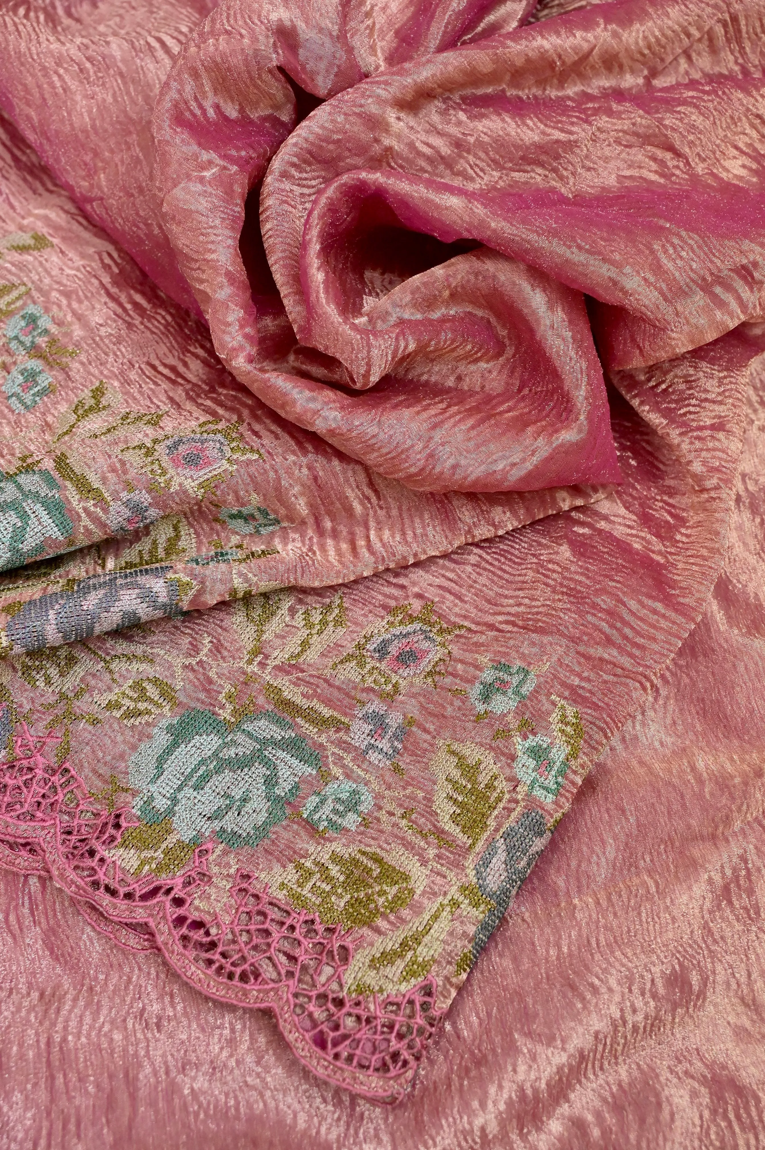 Pink Color Crushed Tissue Silk Saree with Embroidery and Cut Work