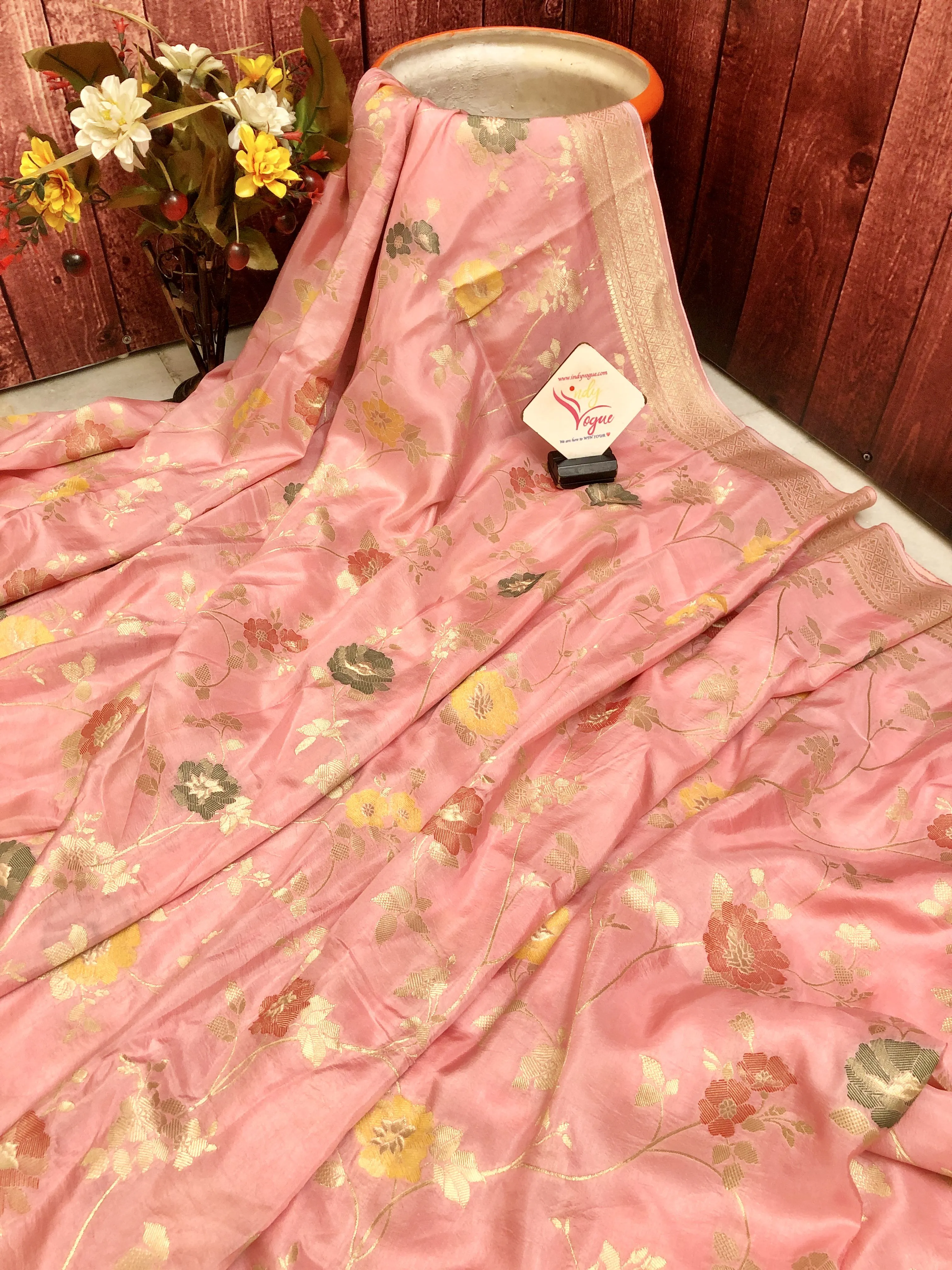 Pink Color Muga Banarasi with Allover Jaal Meenakari Zari Work