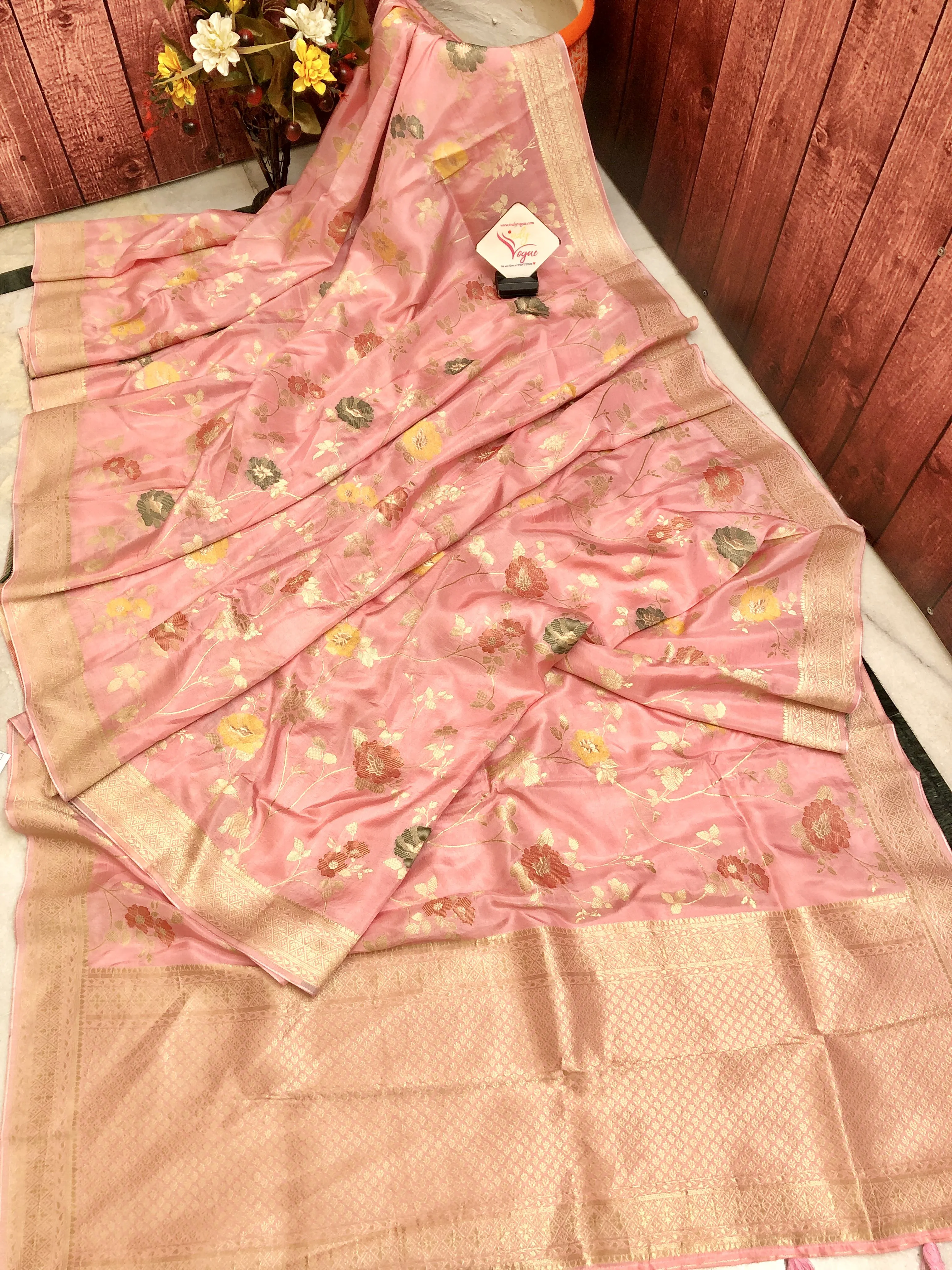 Pink Color Muga Banarasi with Allover Jaal Meenakari Zari Work