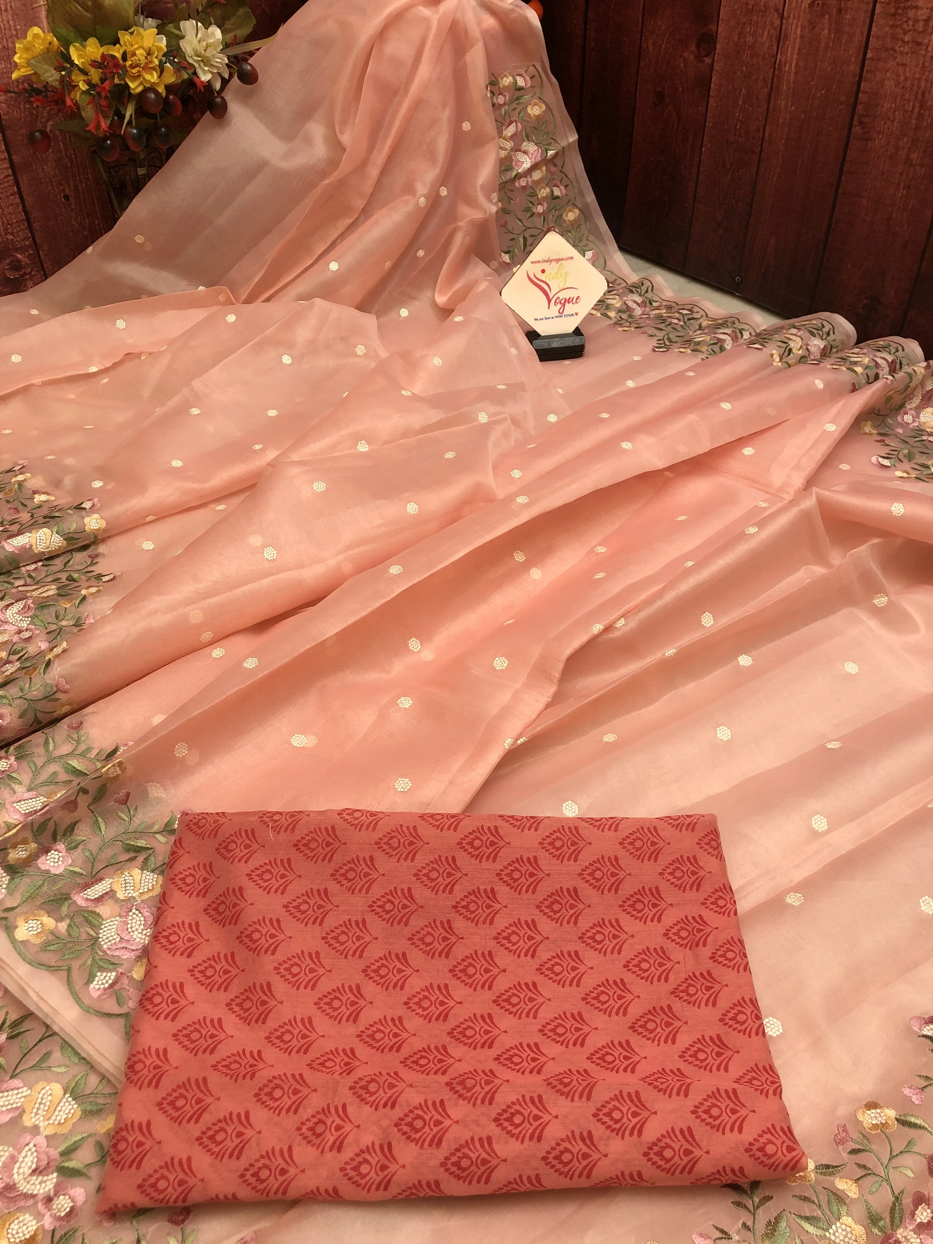 Pure Peach Color Designer Organza Saree with Chikankari