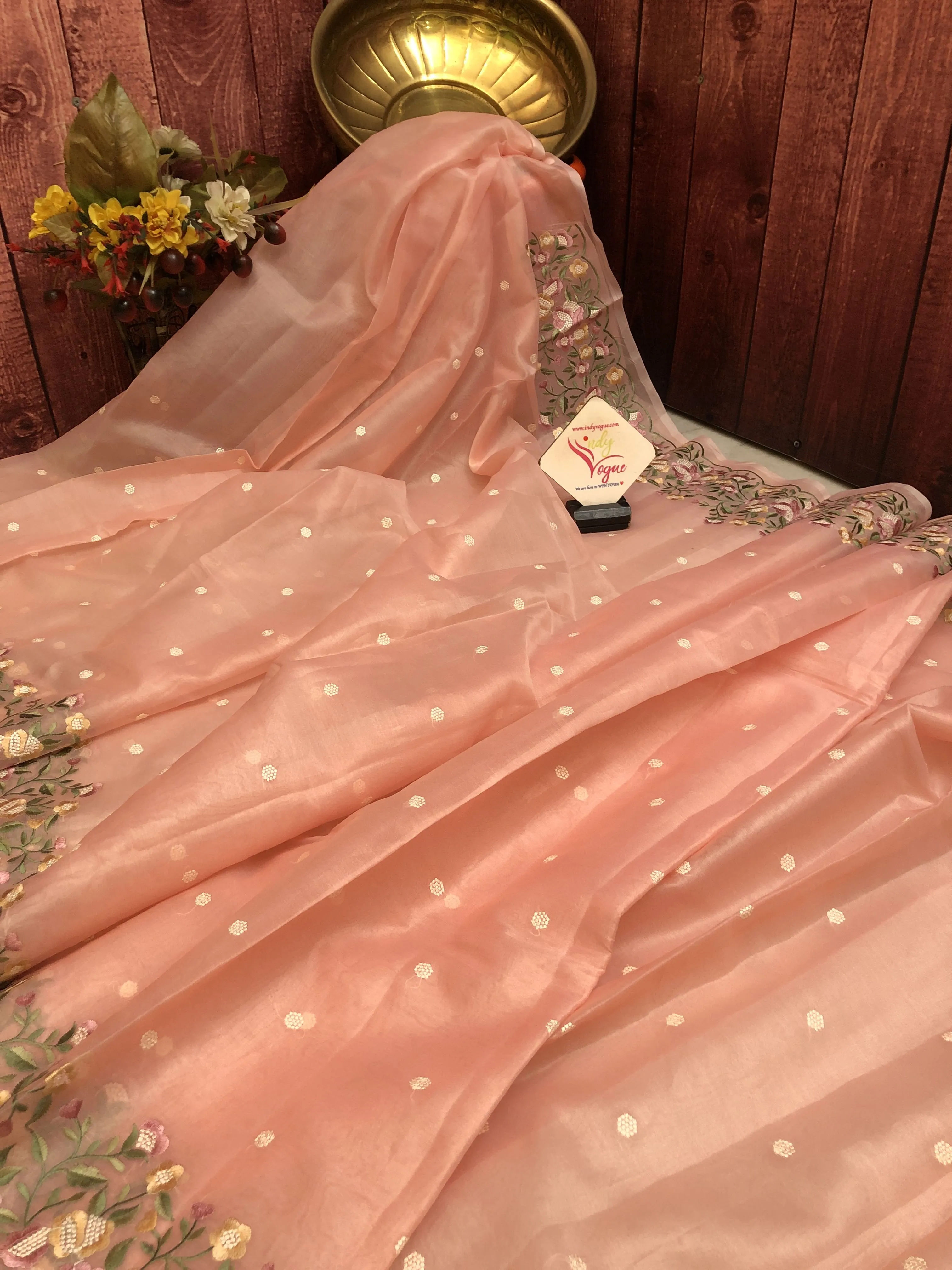 Pure Peach Color Designer Organza Saree with Chikankari