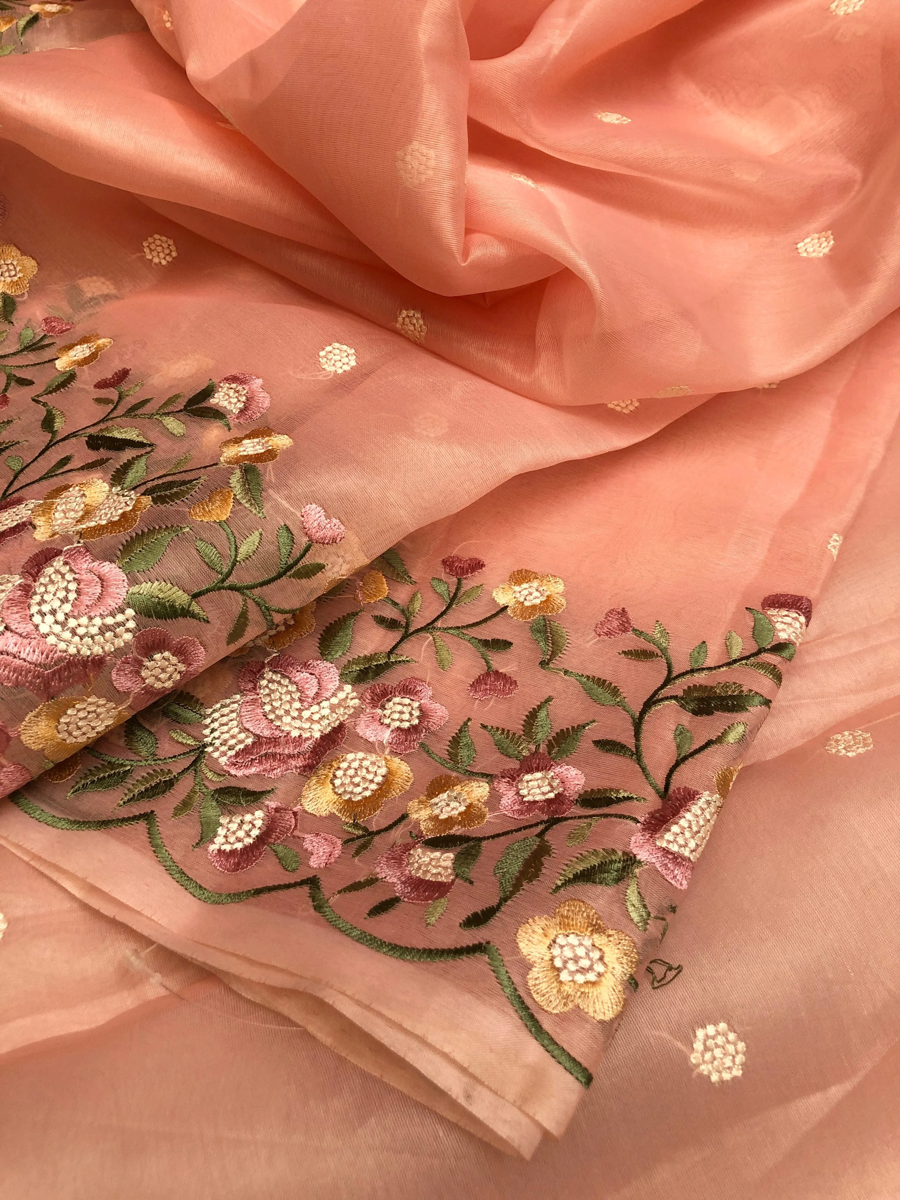 Pure Peach Color Designer Organza Saree with Chikankari