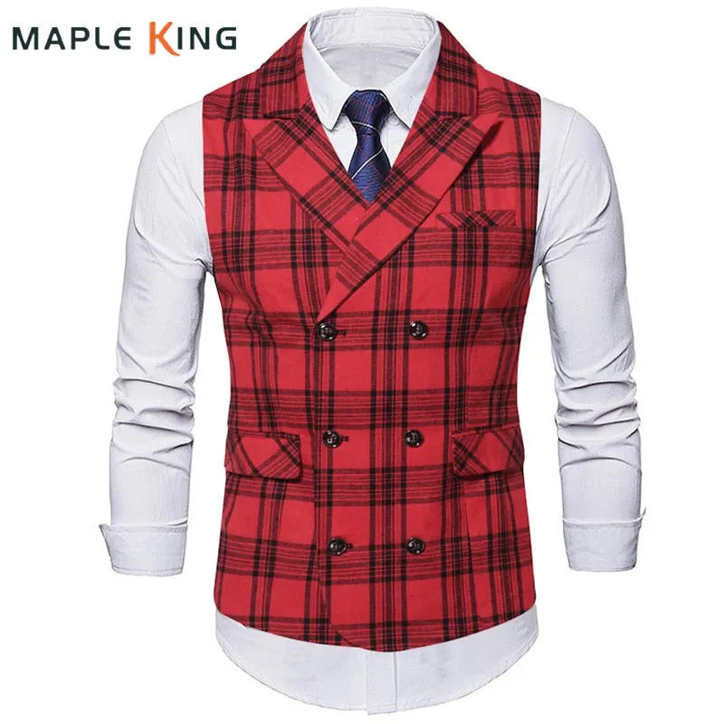 Red Plaid Suit Vest Men's Vintage Double Breasted Waistcoat Steampunk Clothing Men's Terno Masculino Slim Uniform Vest