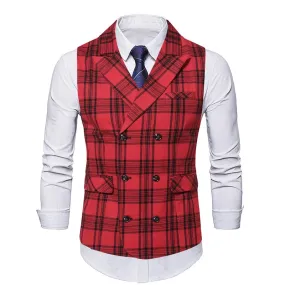 Red Plaid Suit Vest Men's Vintage Double Breasted Waistcoat Steampunk Clothing Men's Terno Masculino Slim Uniform Vest