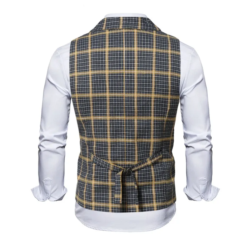 Red Plaid Suit Vest Men's Vintage Double Breasted Waistcoat Steampunk Clothing Men's Terno Masculino Slim Uniform Vest