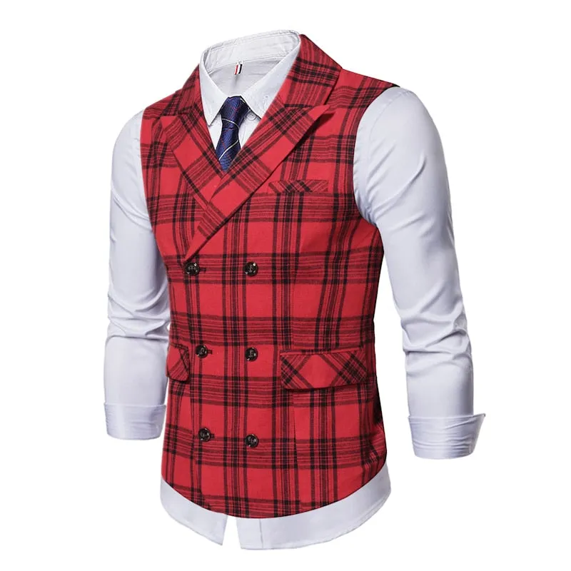 Red Plaid Suit Vest Men's Vintage Double Breasted Waistcoat Steampunk Clothing Men's Terno Masculino Slim Uniform Vest