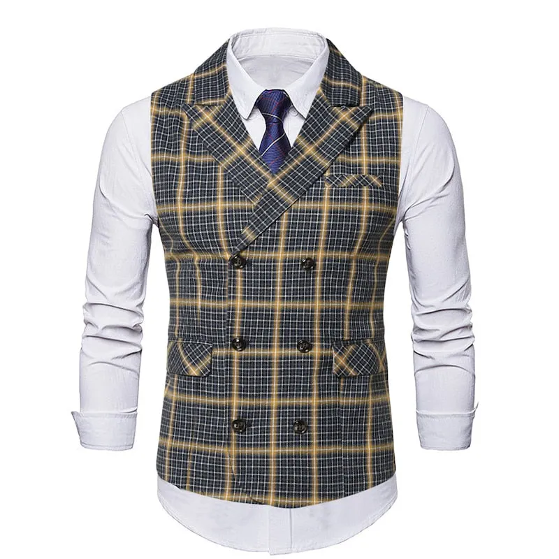 Red Plaid Suit Vest Men's Vintage Double Breasted Waistcoat Steampunk Clothing Men's Terno Masculino Slim Uniform Vest