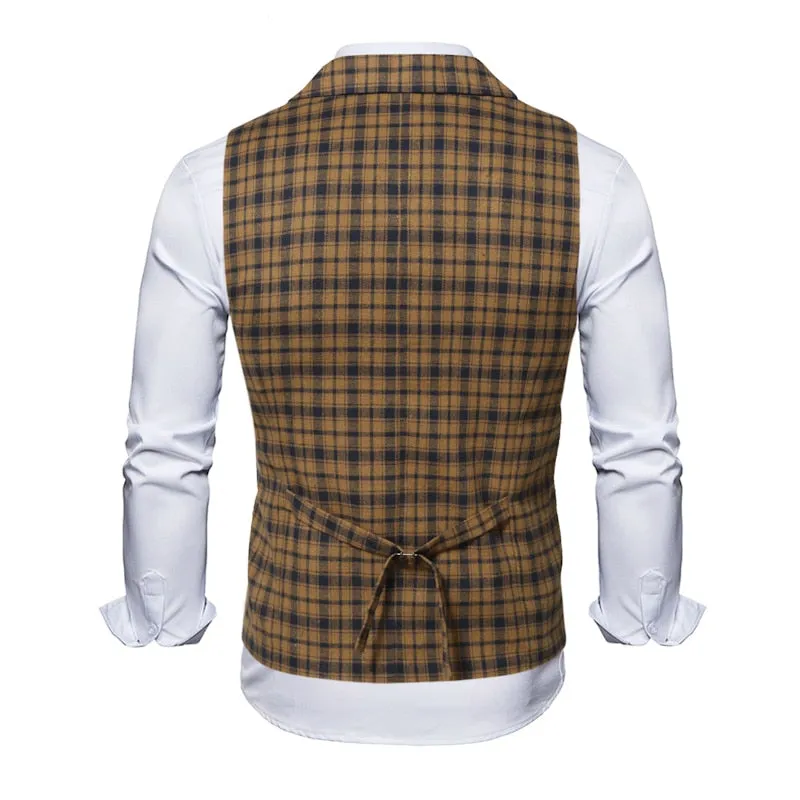 Red Plaid Suit Vest Men's Vintage Double Breasted Waistcoat Steampunk Clothing Men's Terno Masculino Slim Uniform Vest