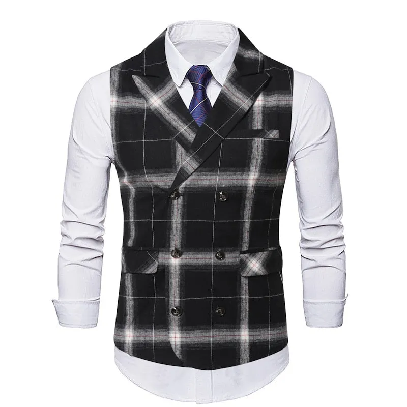 Red Plaid Suit Vest Men's Vintage Double Breasted Waistcoat Steampunk Clothing Men's Terno Masculino Slim Uniform Vest